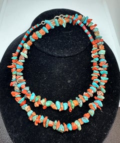Antique Coral Turquoise Necklace Native American Indian 32 Inch Navajo Pueblo