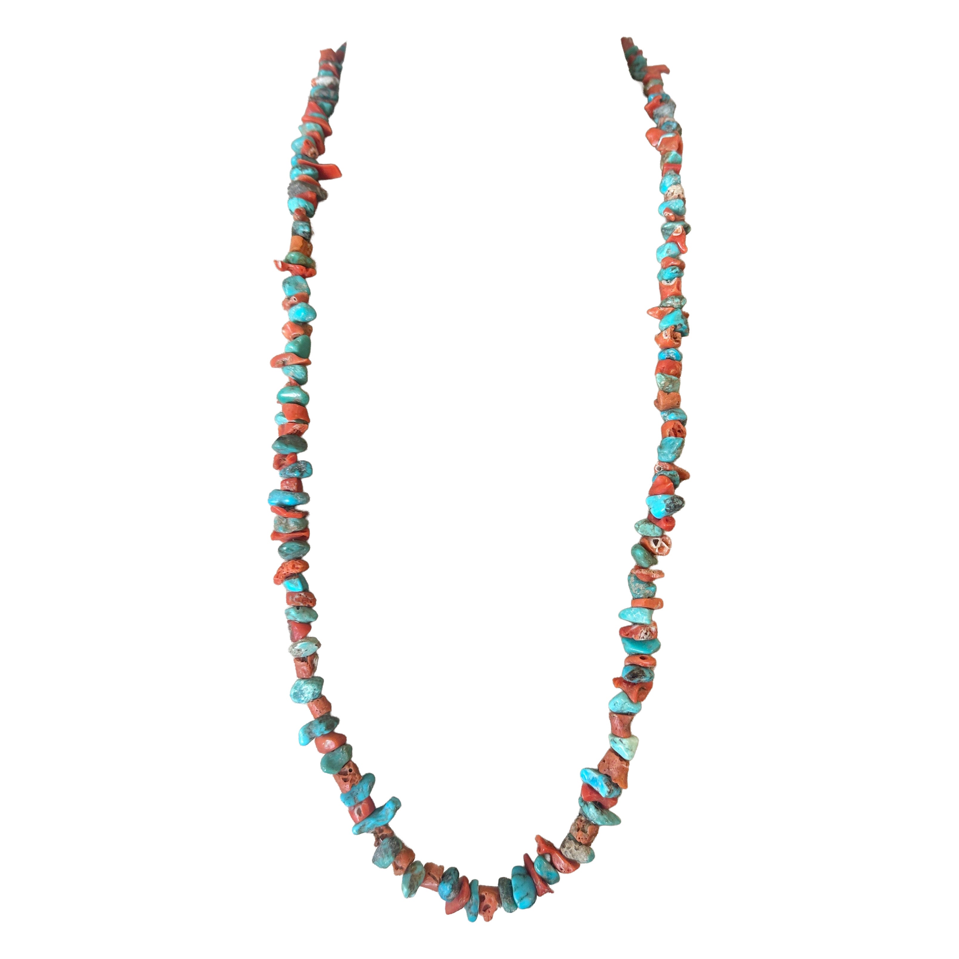 Collana antica di corallo e turchese di un nativo americano Navajo Pueblo da 32 pollici