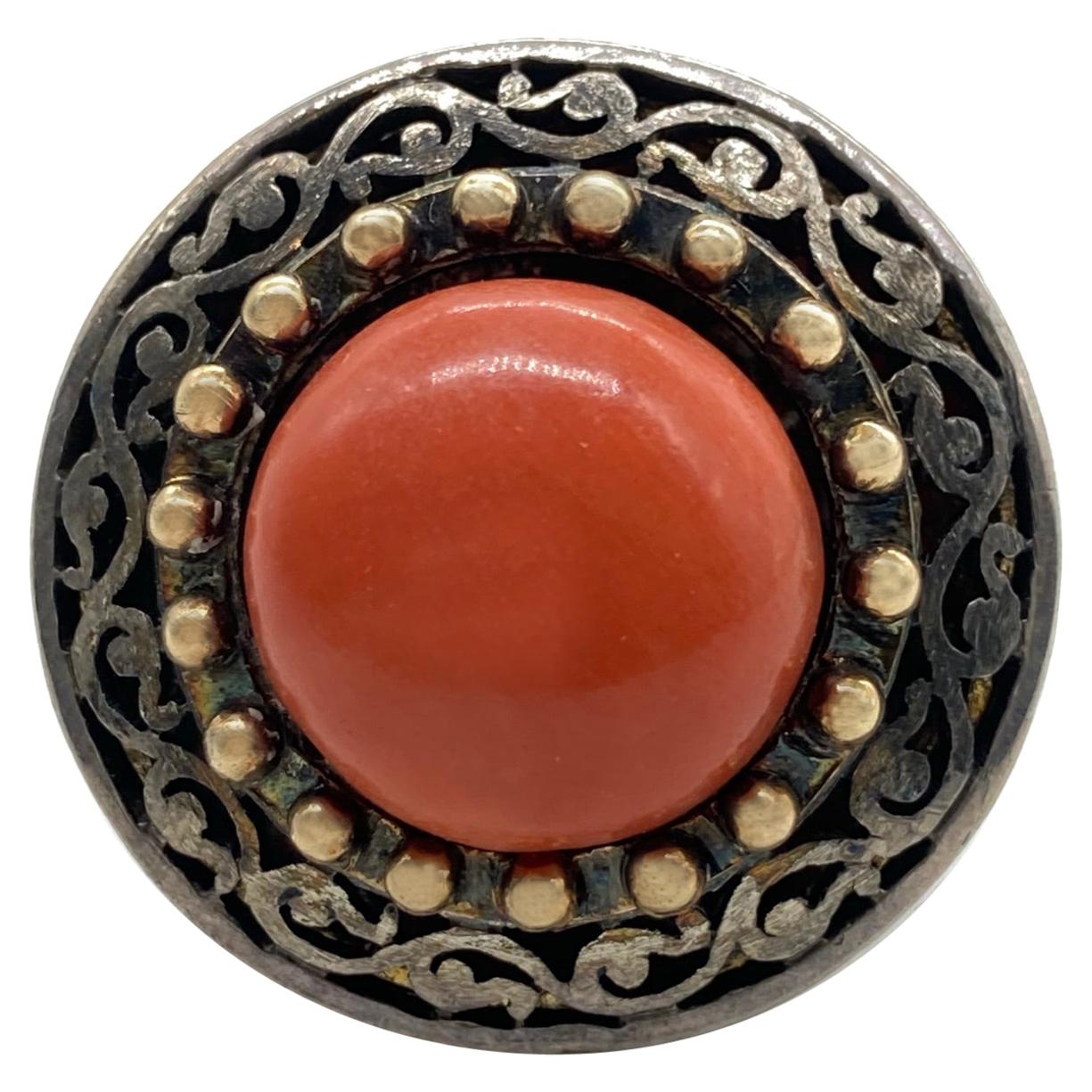 Antique Coral, Yellow Gold, and Silver Button Ring For Sale