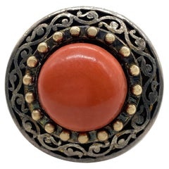 Antique Coral, Yellow Gold, and Silver Button Ring