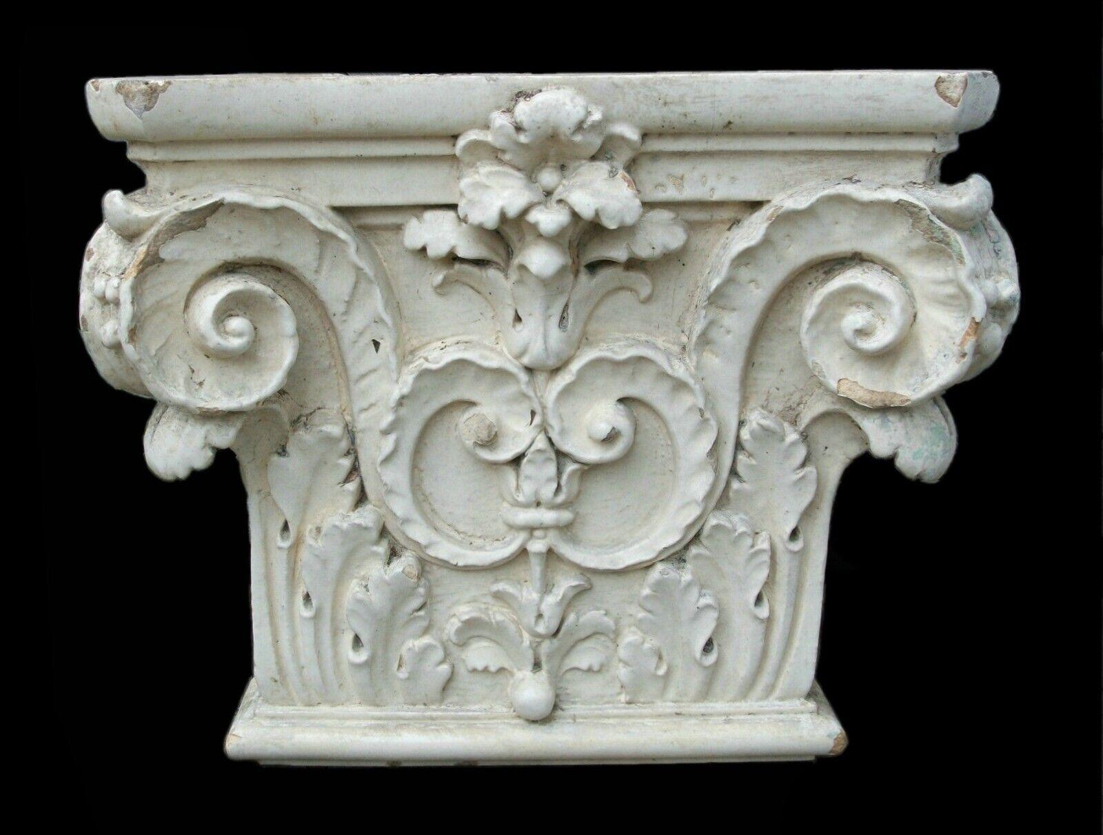 Antique Architectural Corinthian Capital - glazed cast ceramic composition - Canada or United States - late 19th century.

Good antique condition - chips/loss to the body & glaze - grime that comes with age - concrete residue - very heavy (greater