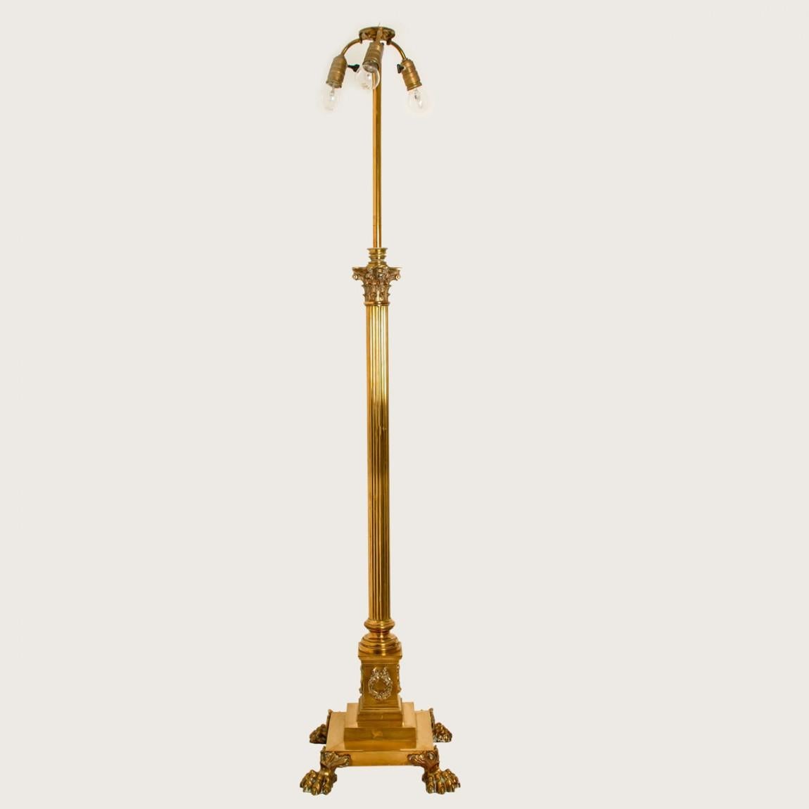 19th Century Antique Corinthian Column Brass Floor Lamp with Fringed Lampshade, England, 1890