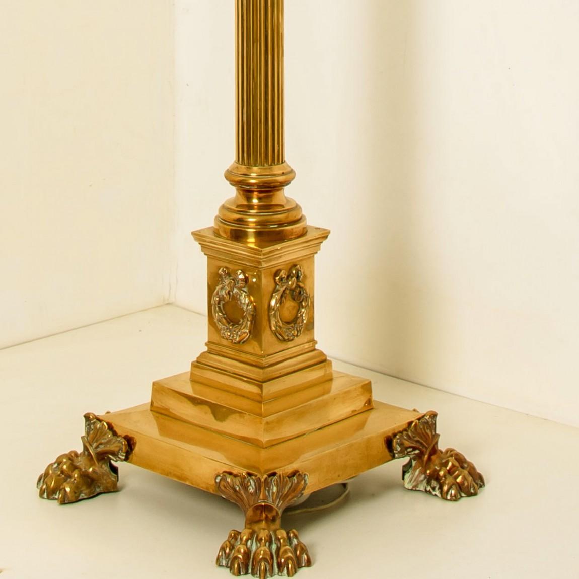 Antique Corinthian Column Brass Floor Lamp with Fringed Lampshade, England, 1890 1