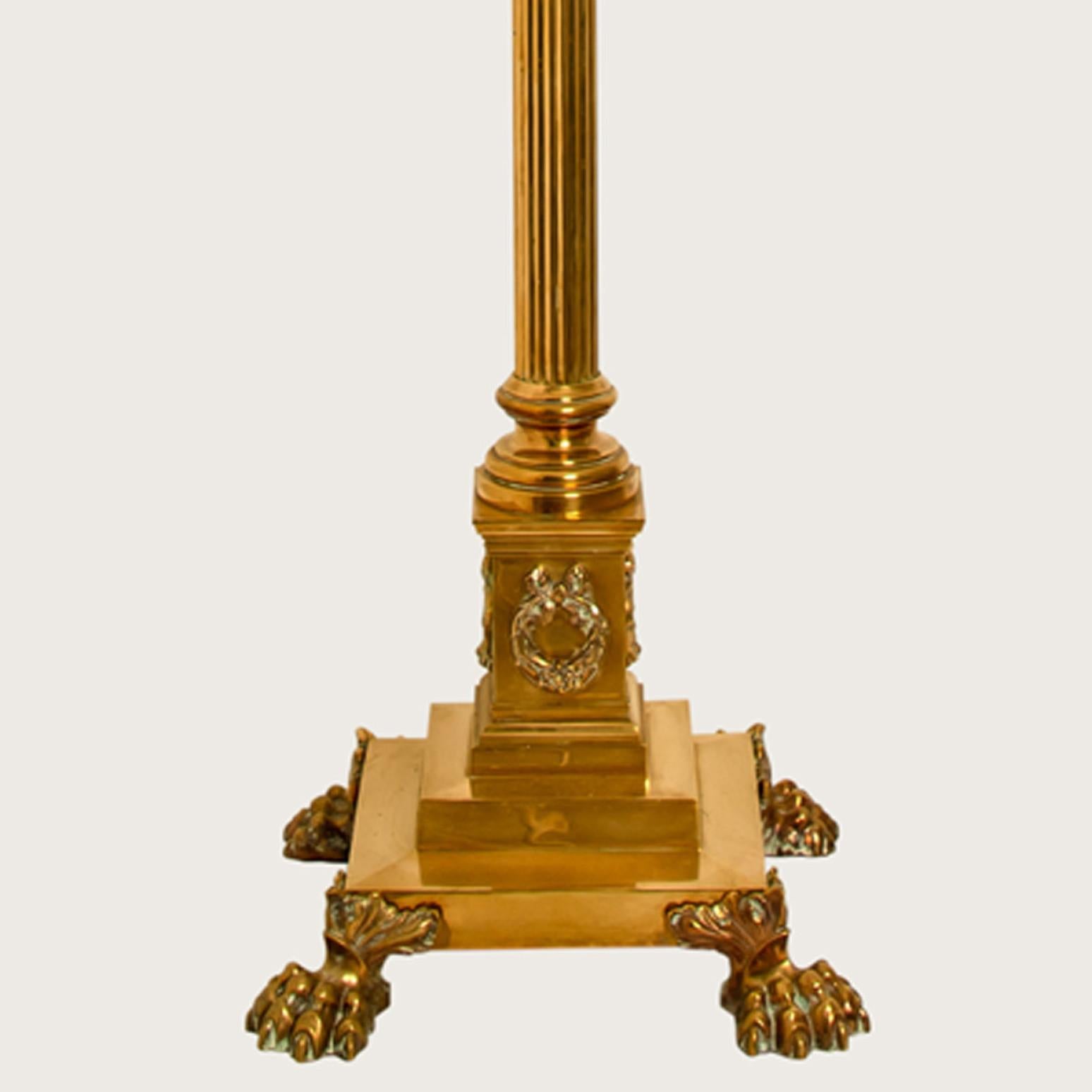 Antique Corinthian Column Brass Floor Lamp with Fringed Lampshade, England, 1890 5