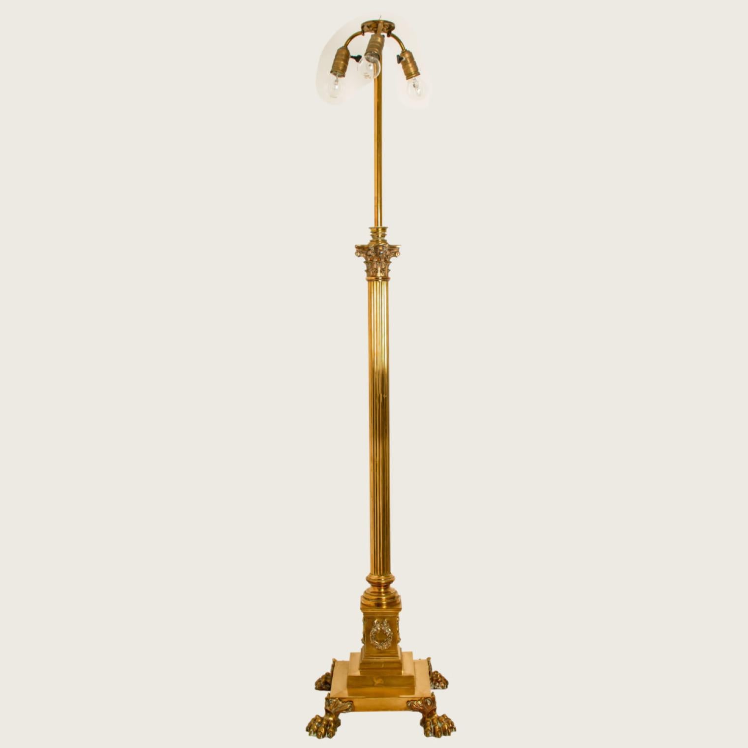 Antique Corinthian Column Brass Floor Lamp with Fringed Lampshade, England, 1890 7