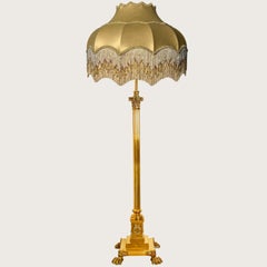 Antique Corinthian Column Brass Floor Lamp with Fringed Lampshade, England, 1890
