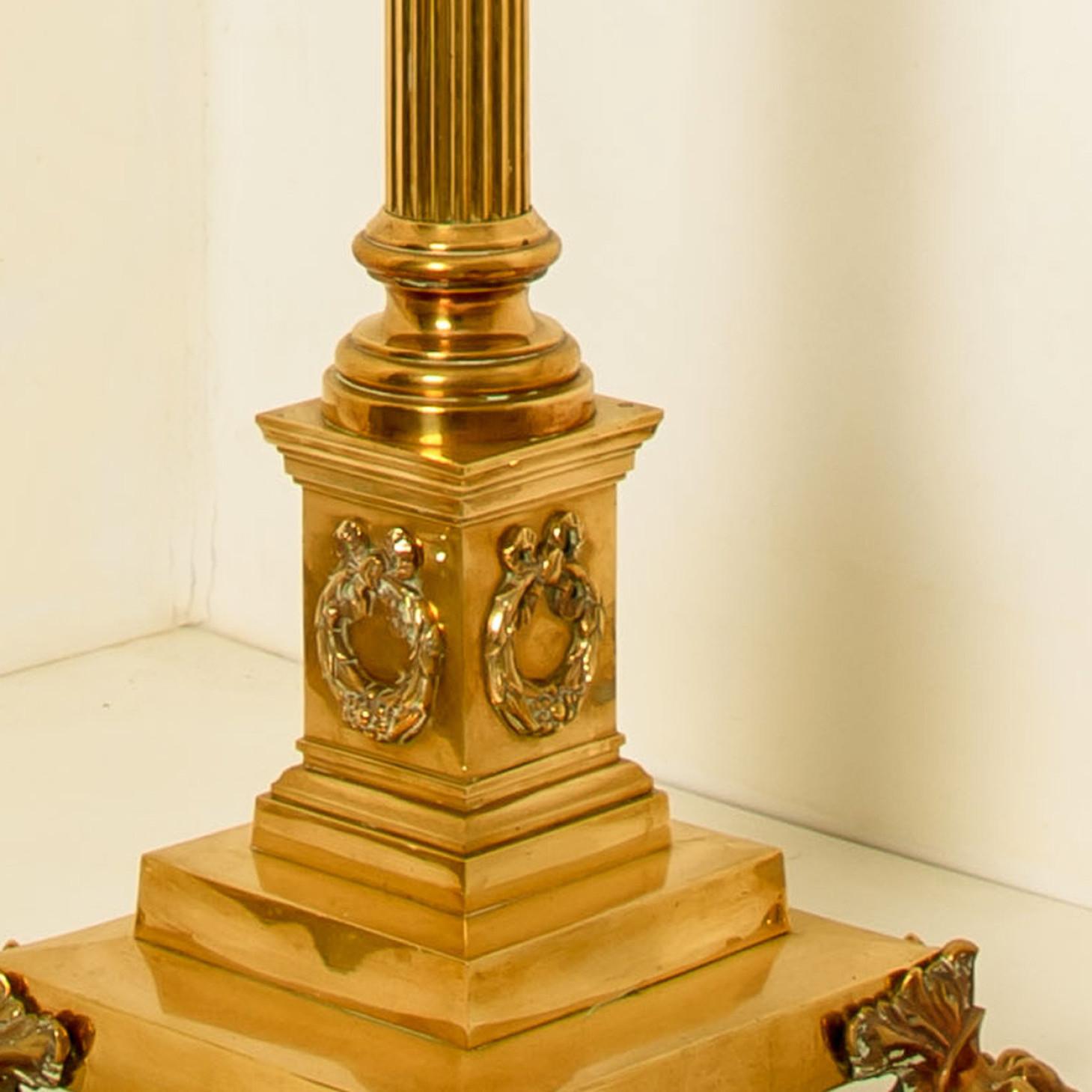 English Antique Corinthian Column Brass Floor Lamp with Fringed Lampshade, England, 1890