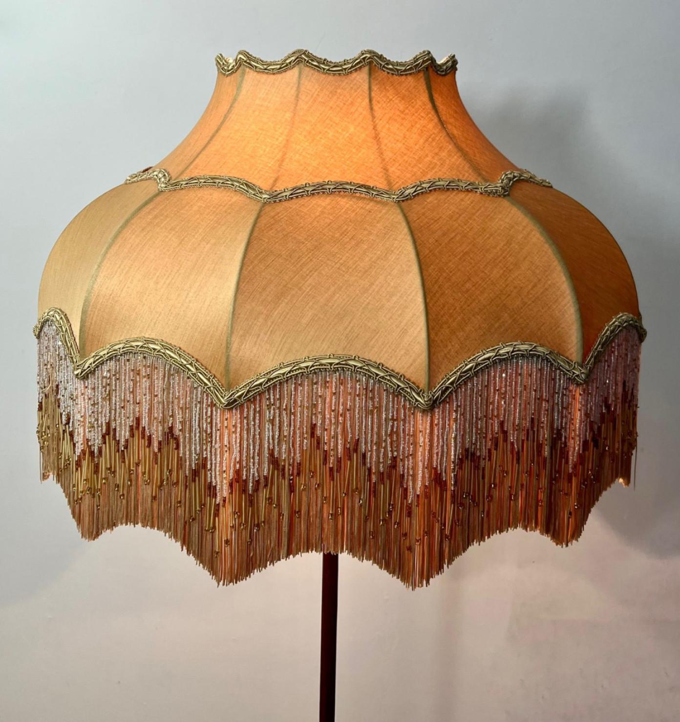 English Antique Corinthian Column Brass Floor Lamp with Fringed Lampshade, England, 1890