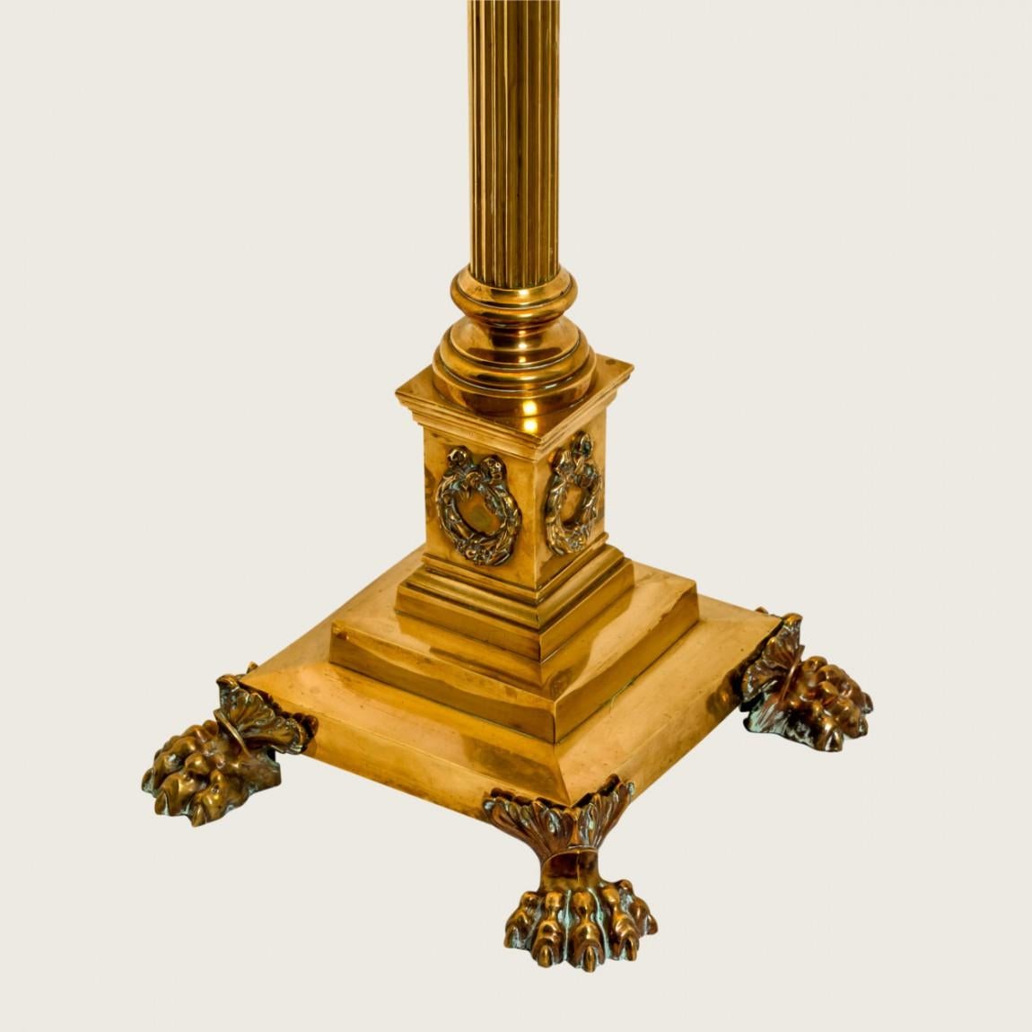 Empire Antique Corinthian Column Brass Floor Lamp with Fringed Lampshade, England, 1890
