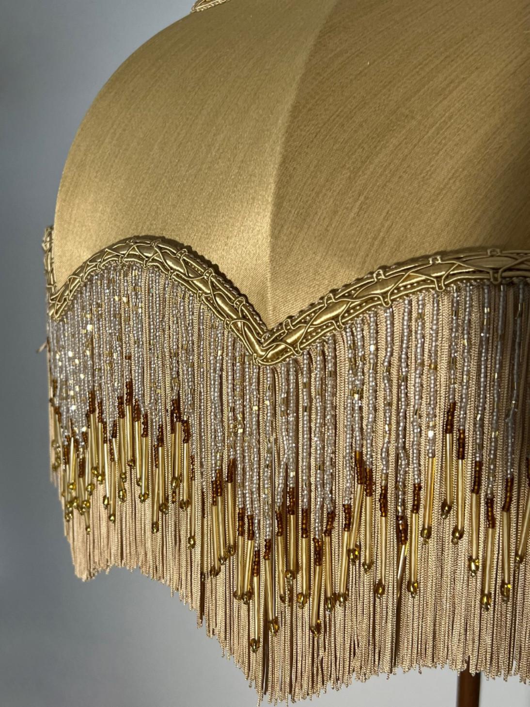 19th Century Antique Corinthian Column Brass Floor Lamp with Fringed Lampshade, England, 1890