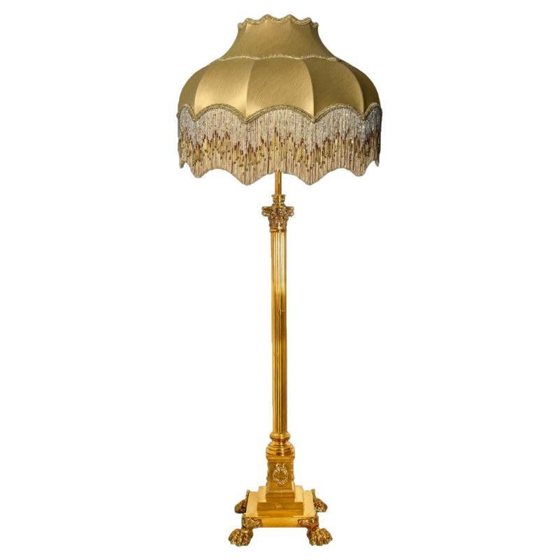 Antique Corinthian Column Brass Floor Lamp with Fringed Lampshade, England, 1890 For Sale