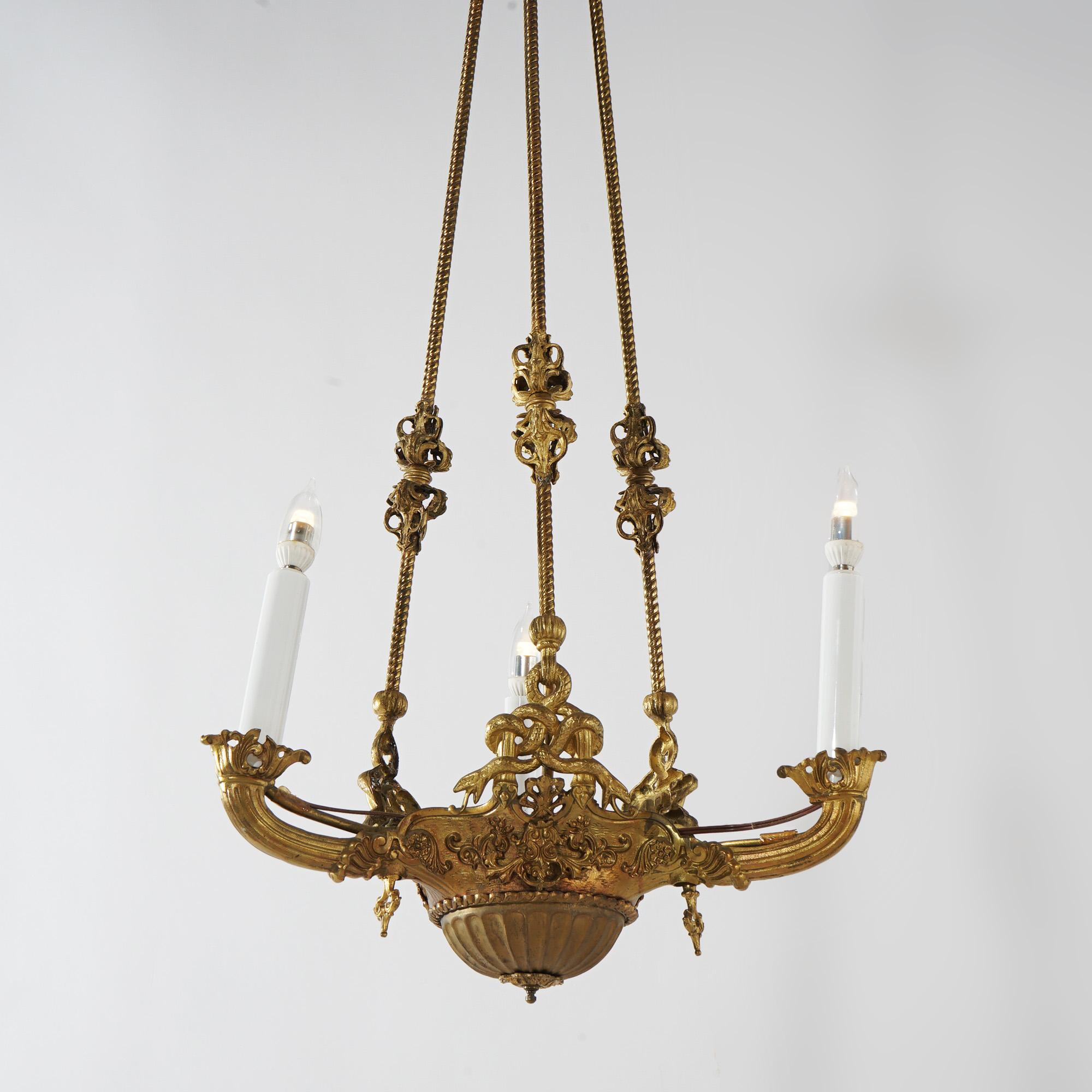 Antique Cornelius & Co Gilt Bronze Figural Hanging Gas Three Light Fixture with Foliate Elements, Cornucopia Form Receivers and Rope Twist Drop Bars c1860

Measures- 35.5''H x 19''W x 19''D; 11'' drop (this is a flush mount)