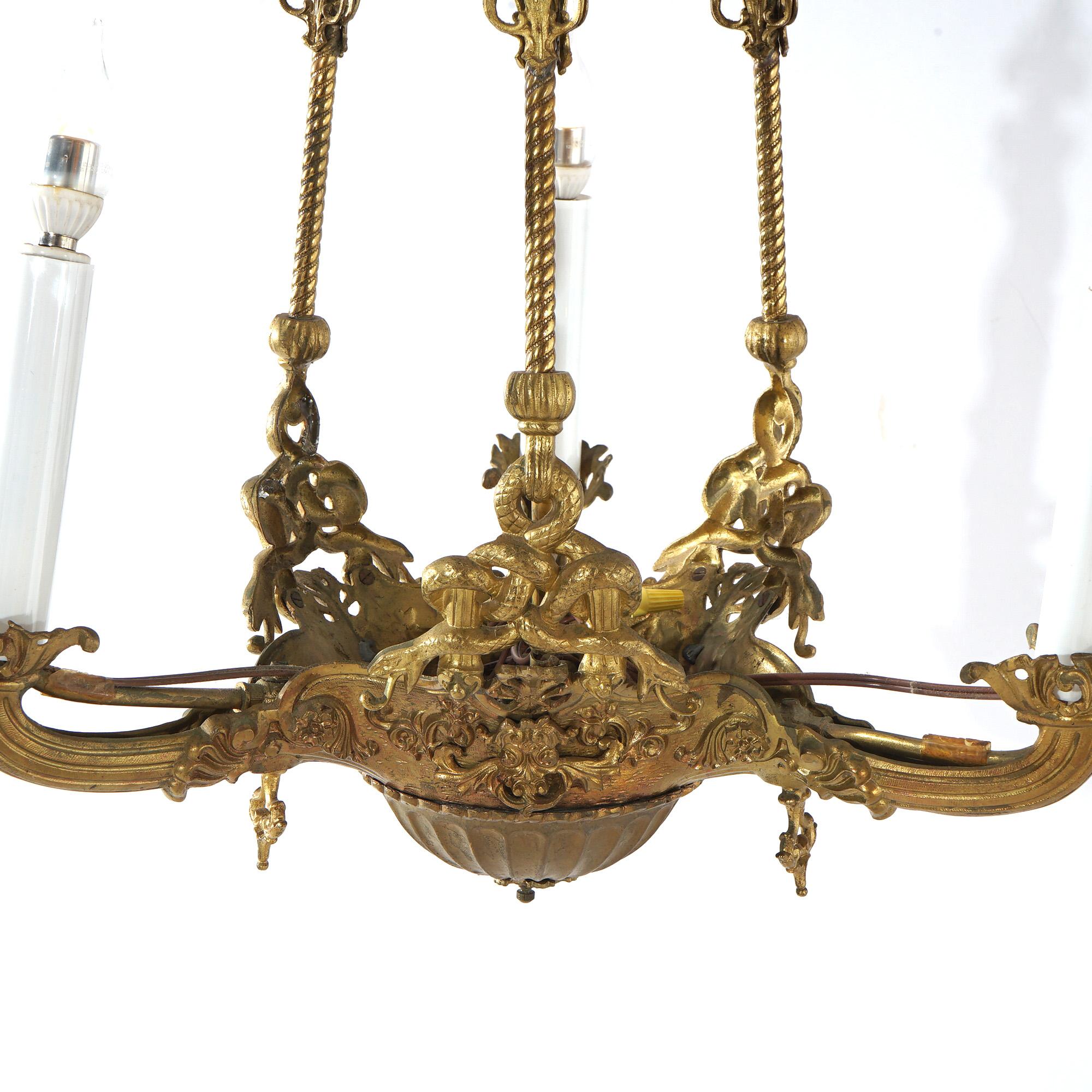 Antique Cornelius & Co Gilt Bronze Figural Hanging Gas Three Light Fixture c1860 In Good Condition In Big Flats, NY
