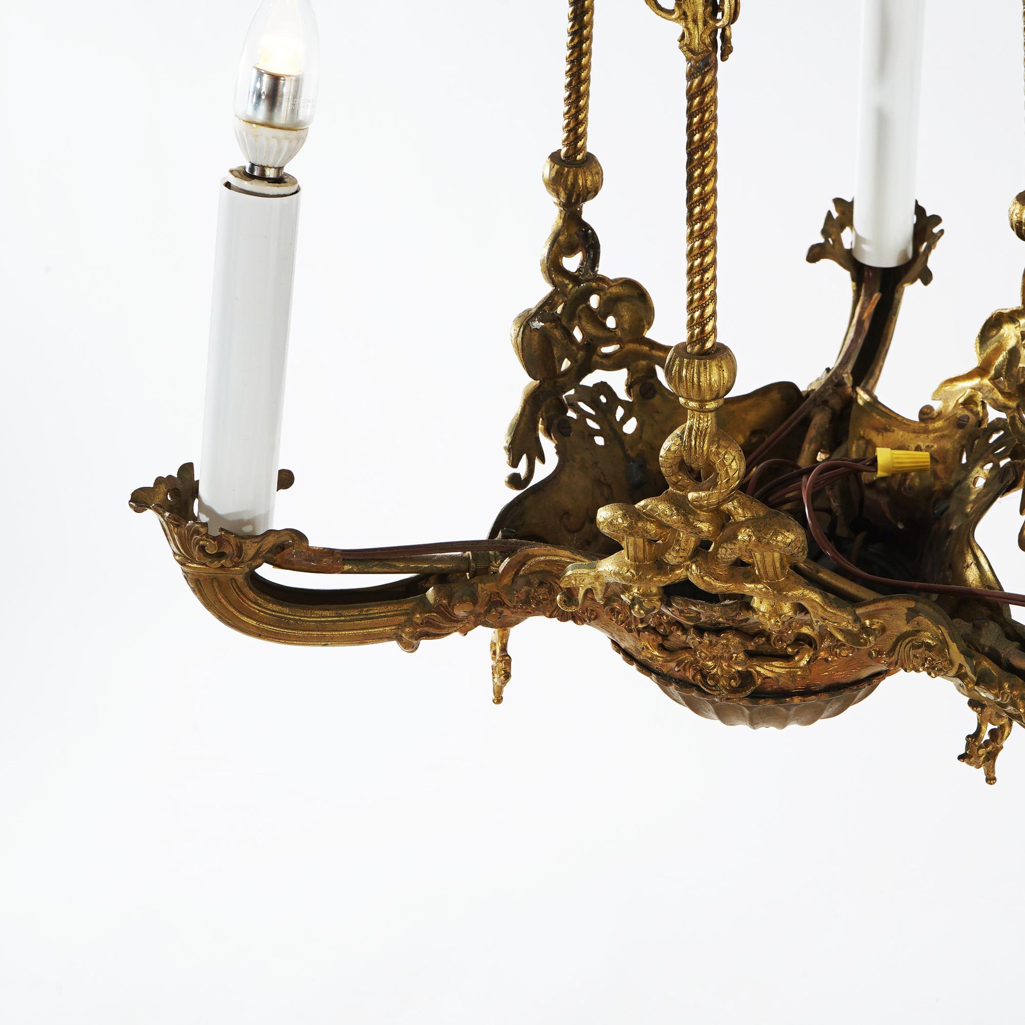 19th Century Antique Cornelius & Co Gilt Bronze Figural Hanging Gas Three Light Fixture c1860