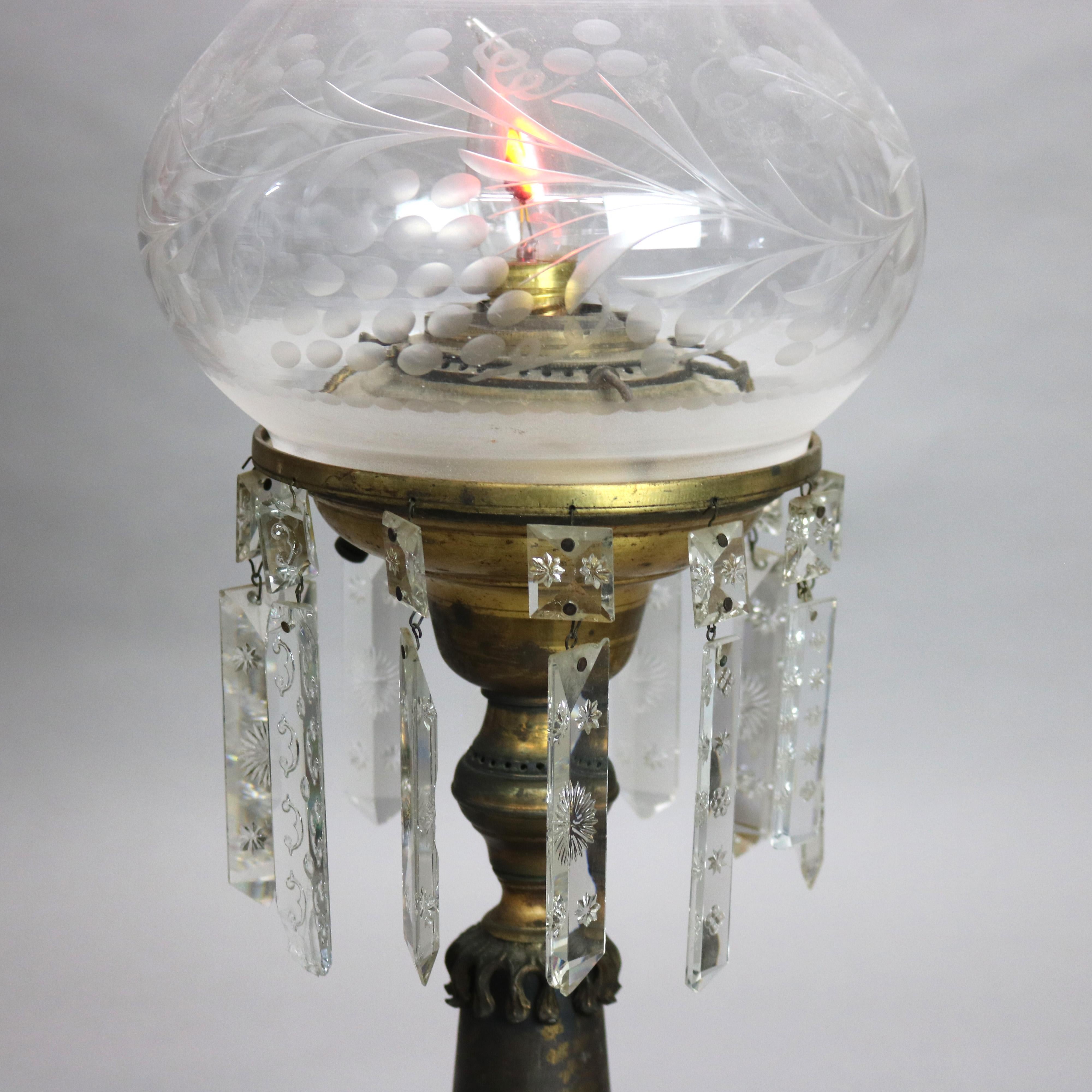 Cast Antique Cornelius School Sinumbra Argand Bronze Crystal & Marble Solar Lamp