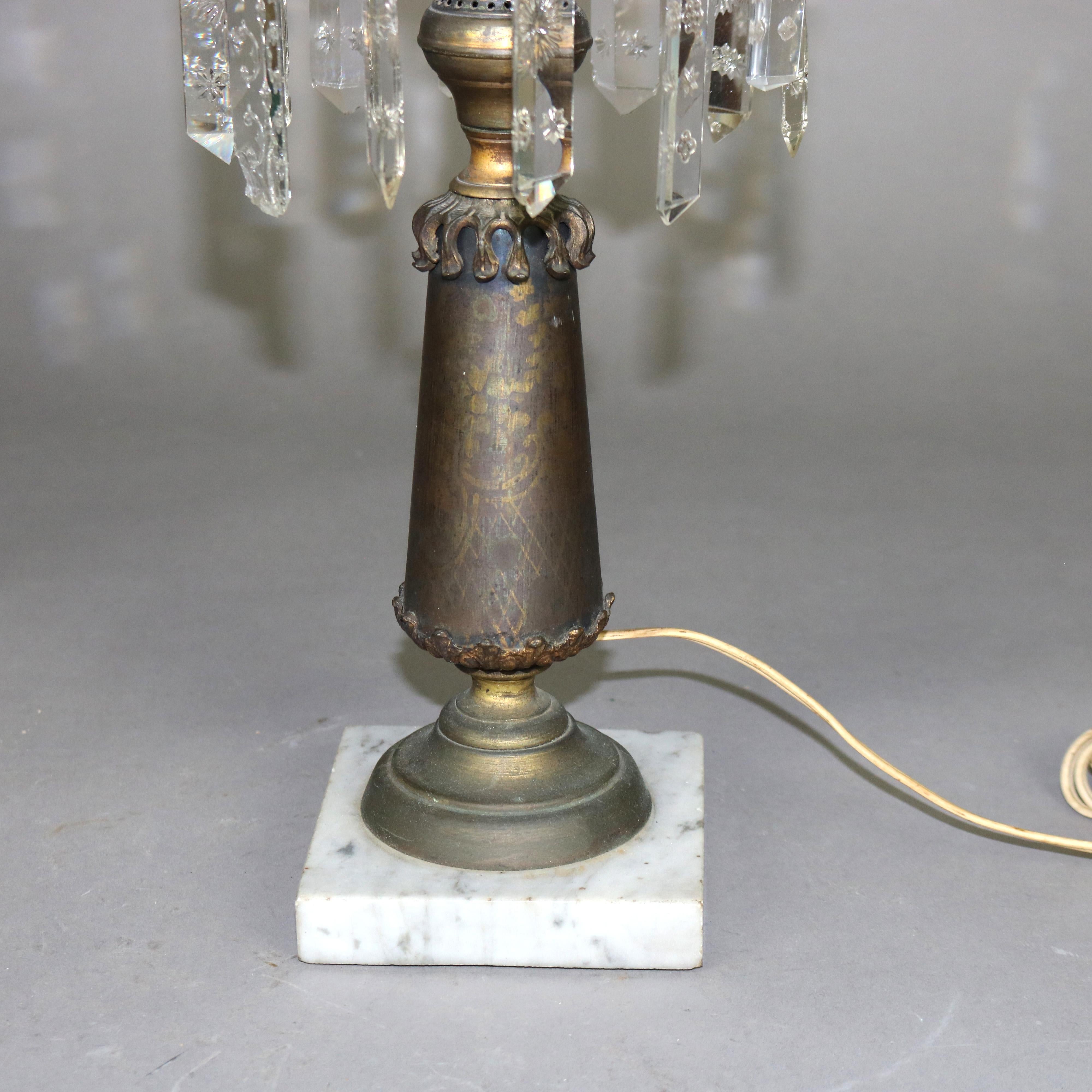 Antique Cornelius School Sinumbra Argand Bronze Crystal & Marble Solar Lamp In Good Condition In Big Flats, NY