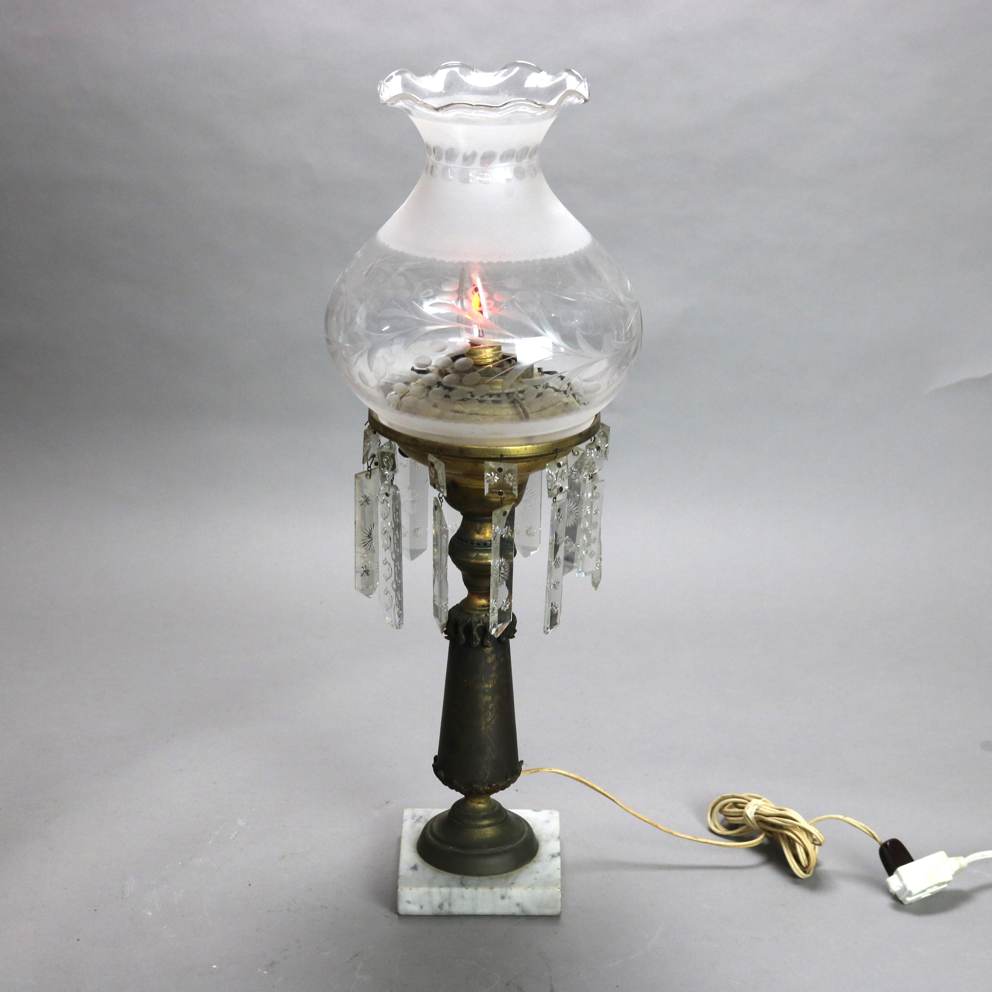 Antique Cornelius School Sinumbra Argand Bronze Crystal & Marble Solar Lamp with Etched Glass Shade, electrified, c1840

Measures - 23 3/4