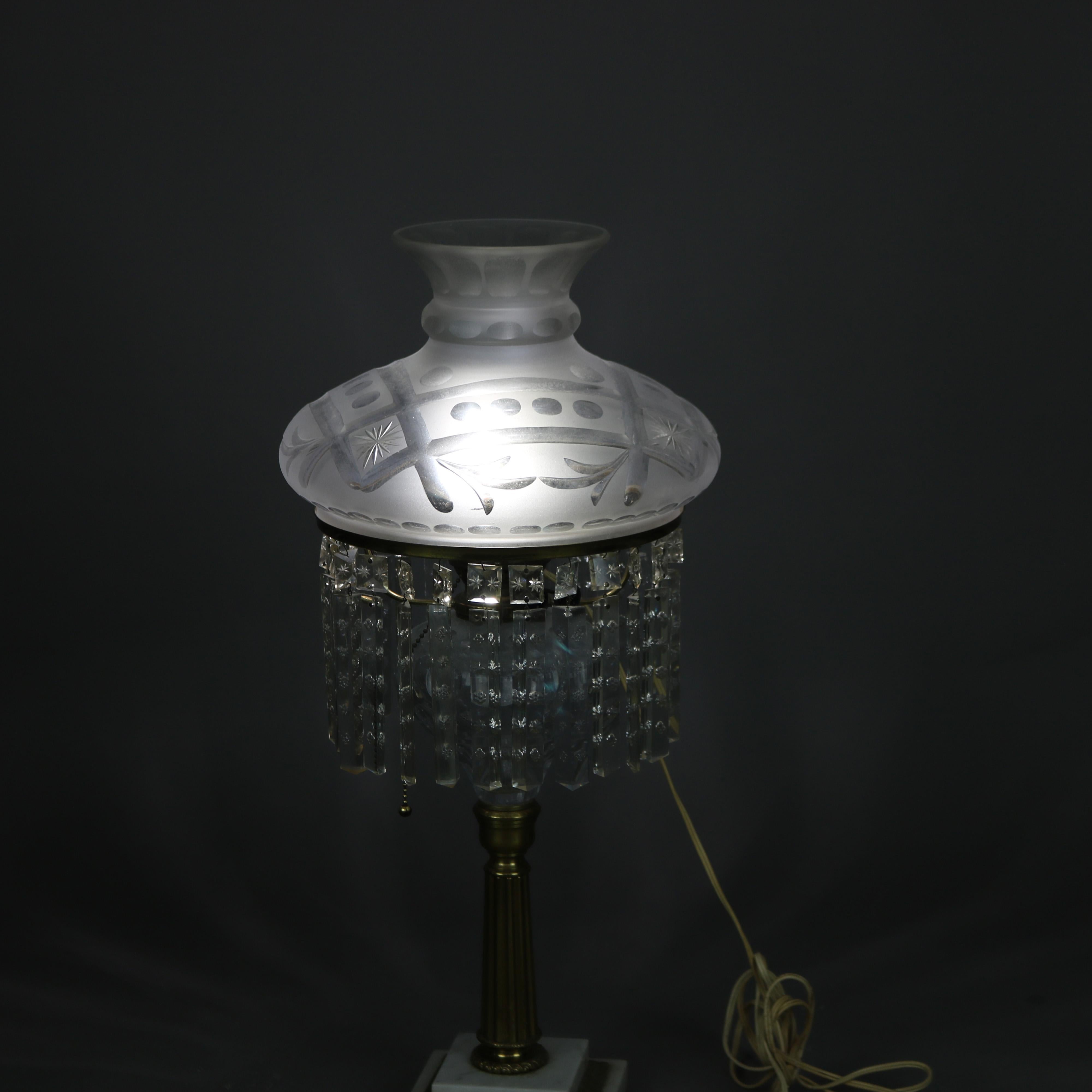 Cast Antique Cornelius School Sinumbra Argand Bronze, Marble & Crystal Table Lamp