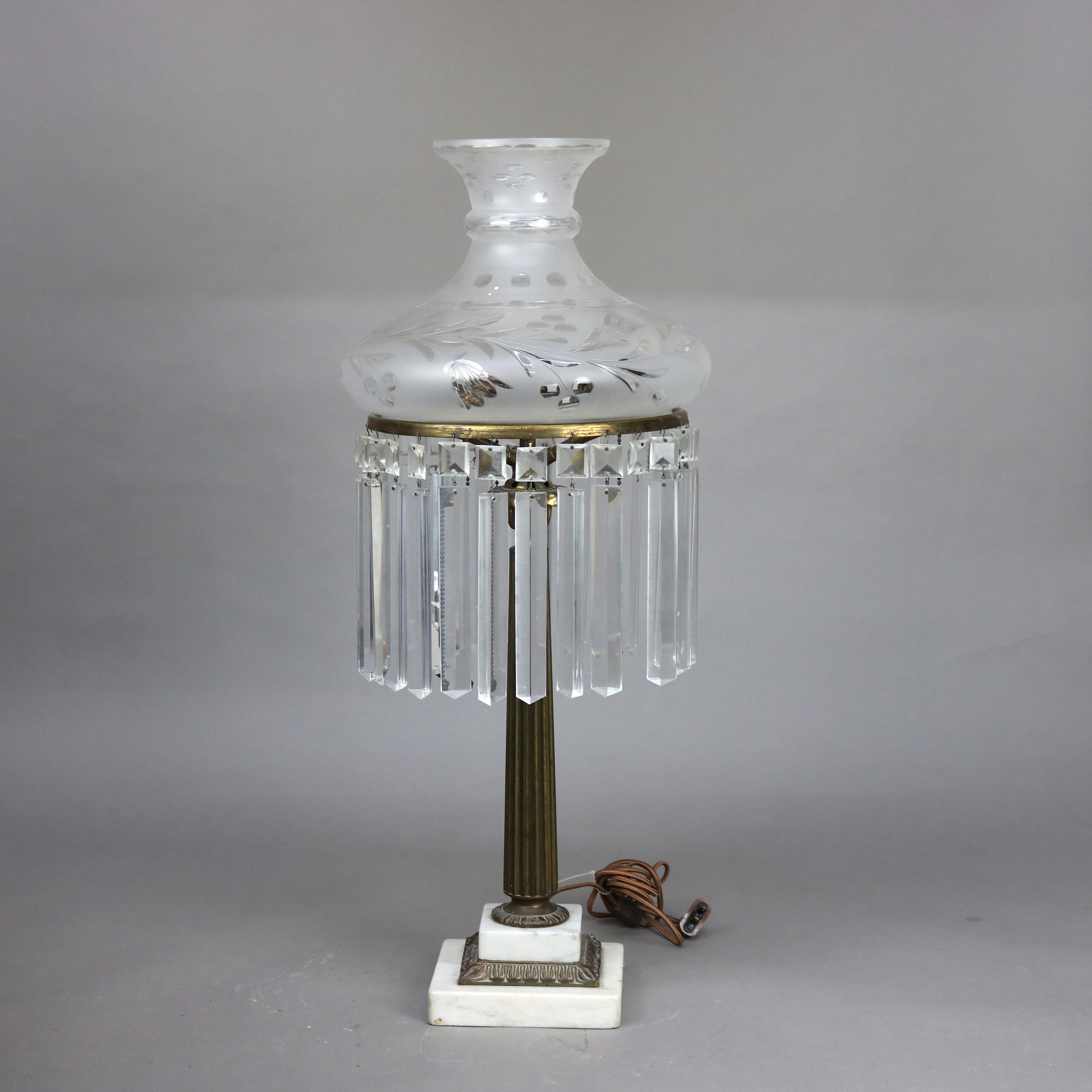 Antique Cornelius School Sinumbra Argand Bronze & Marble Table Lamp with Cut Back Glass Shade and Crystal Prisms, Electrified, C1840

Measures - 30