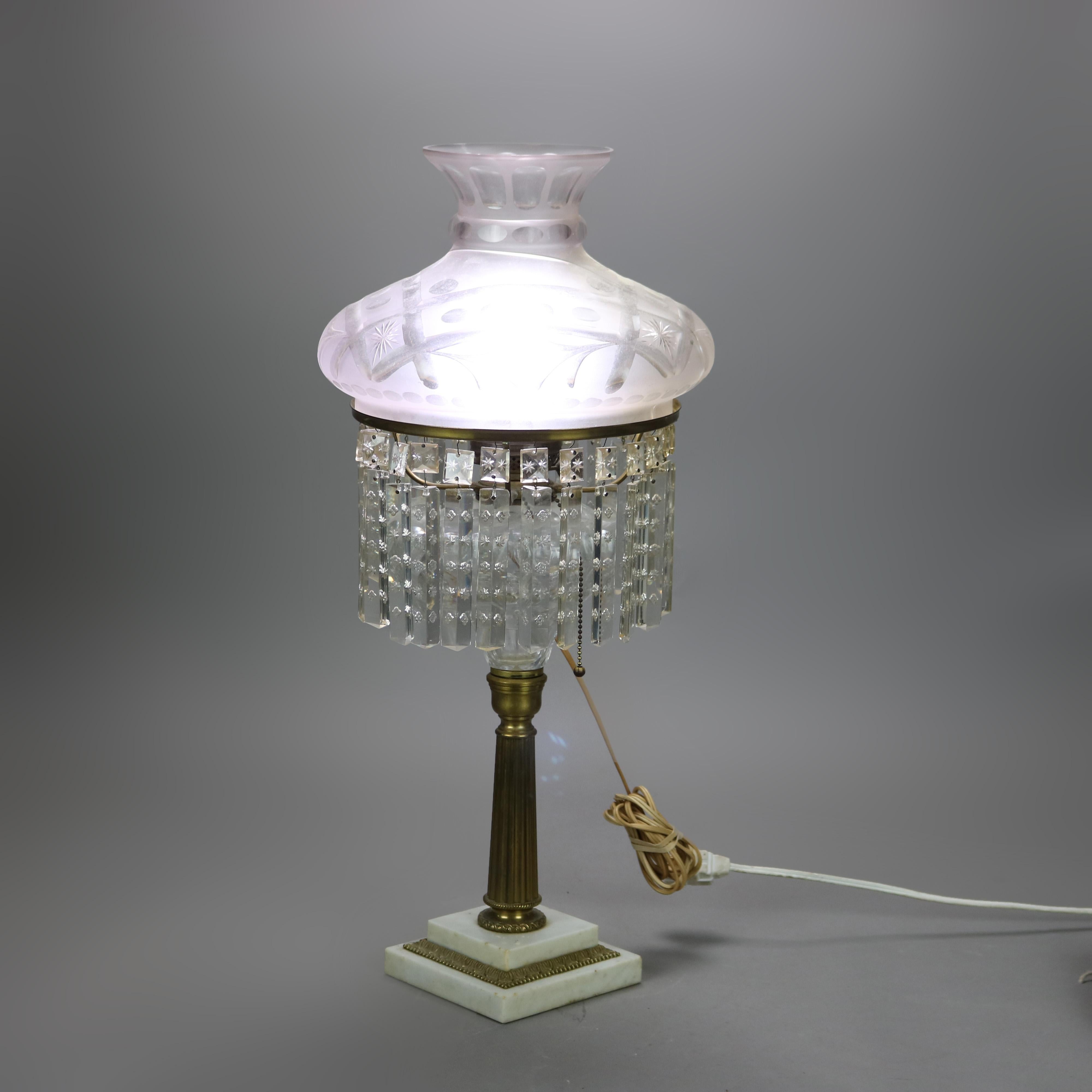 Antique Cornelius School Sinumbra Argand Bronze & Maybe Solar Table Lamp with Cut Back Glass Shade & Crystal Prisms c1840

Measures - 26 1/2