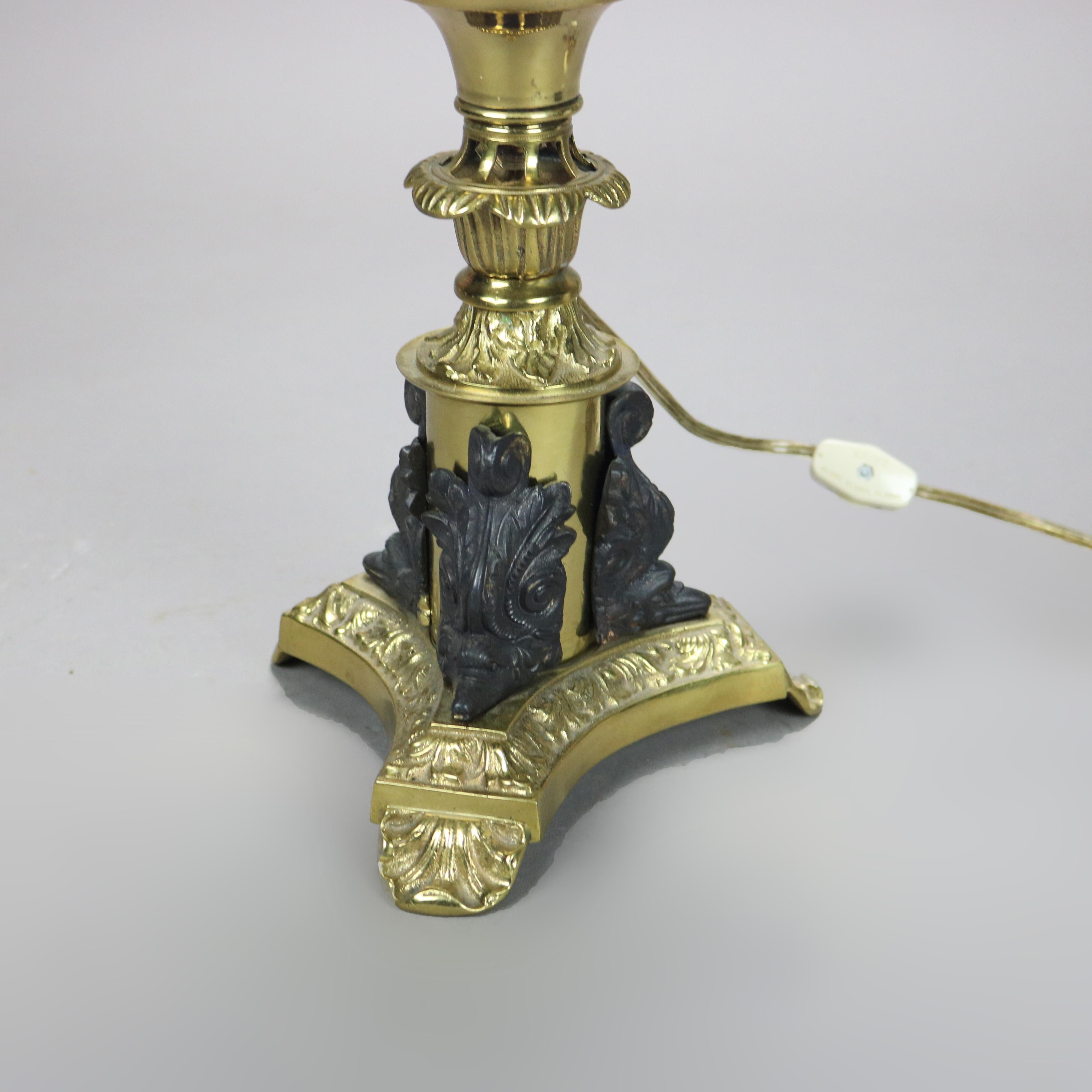 Antique Cornelius School Sinumbra Argand Figural Bronze Solar Lamp with Ebonized Dolphins and Etched Glass Shade, Electrified, c1840

Measures - 21 5/8