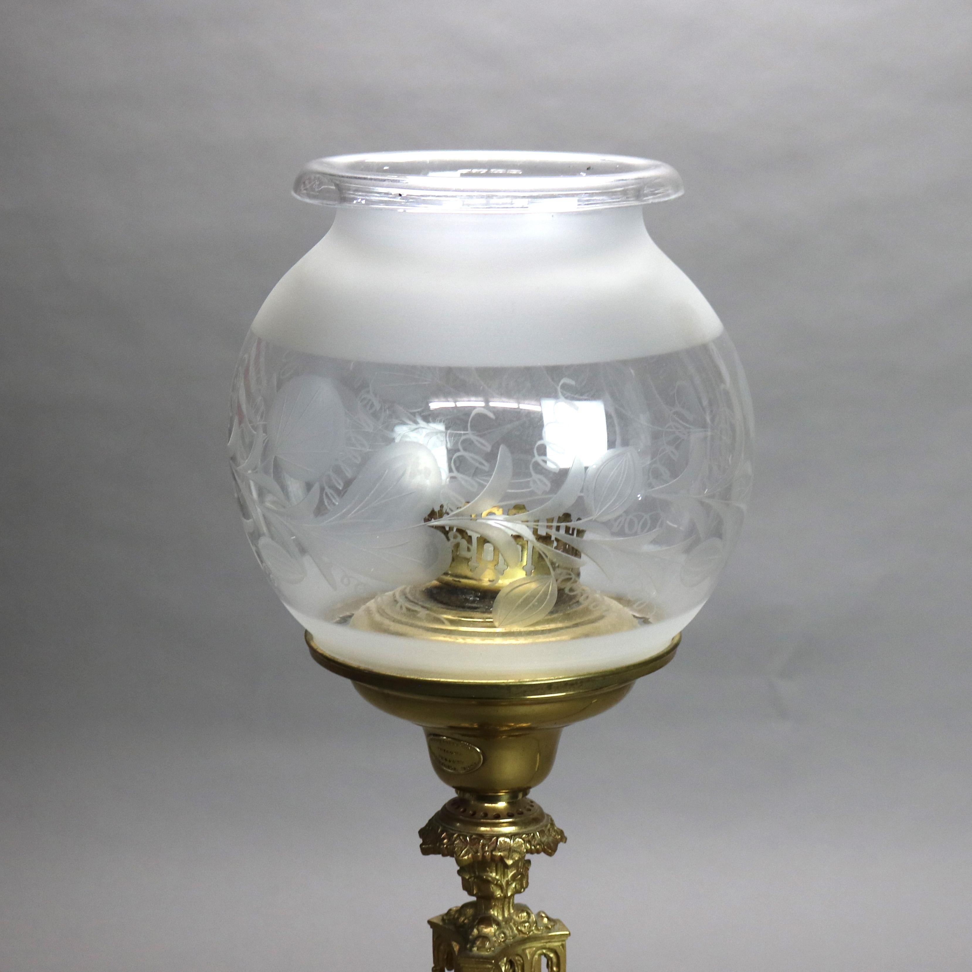 Cast Antique Cornelius Sinumbra Argand Bronze Solar Lamp with Etched Glass Shade
