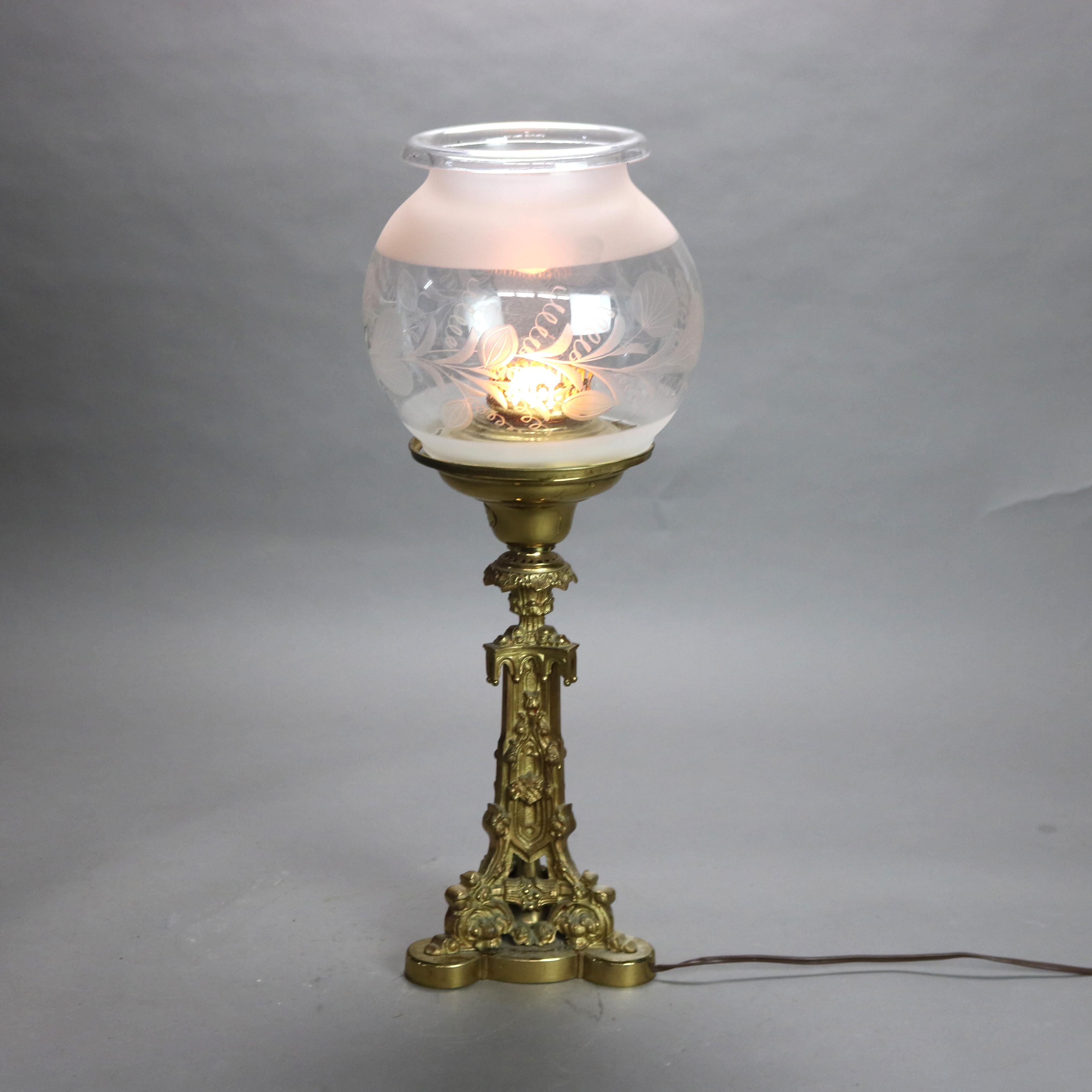 19th Century Antique Cornelius Sinumbra Argand Bronze Solar Lamp with Etched Glass Shade