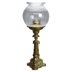 Antique Cornelius Sinumbra Argand Bronze Solar Lamp with Etched Glass Shade