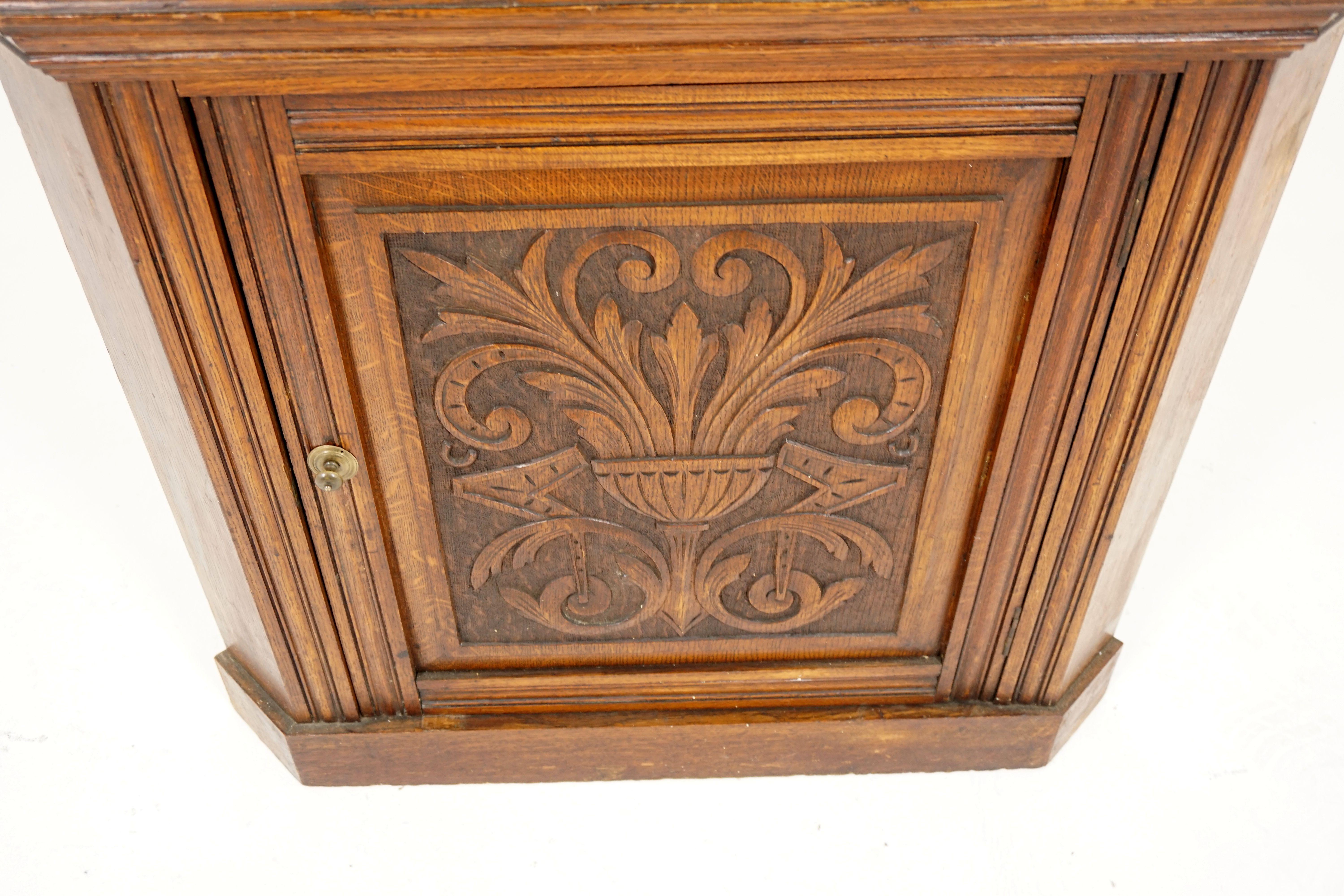 Scottish Antique Corner Cabinet, Carved Oak, Free Standing Cabinet, Scotland, 1900