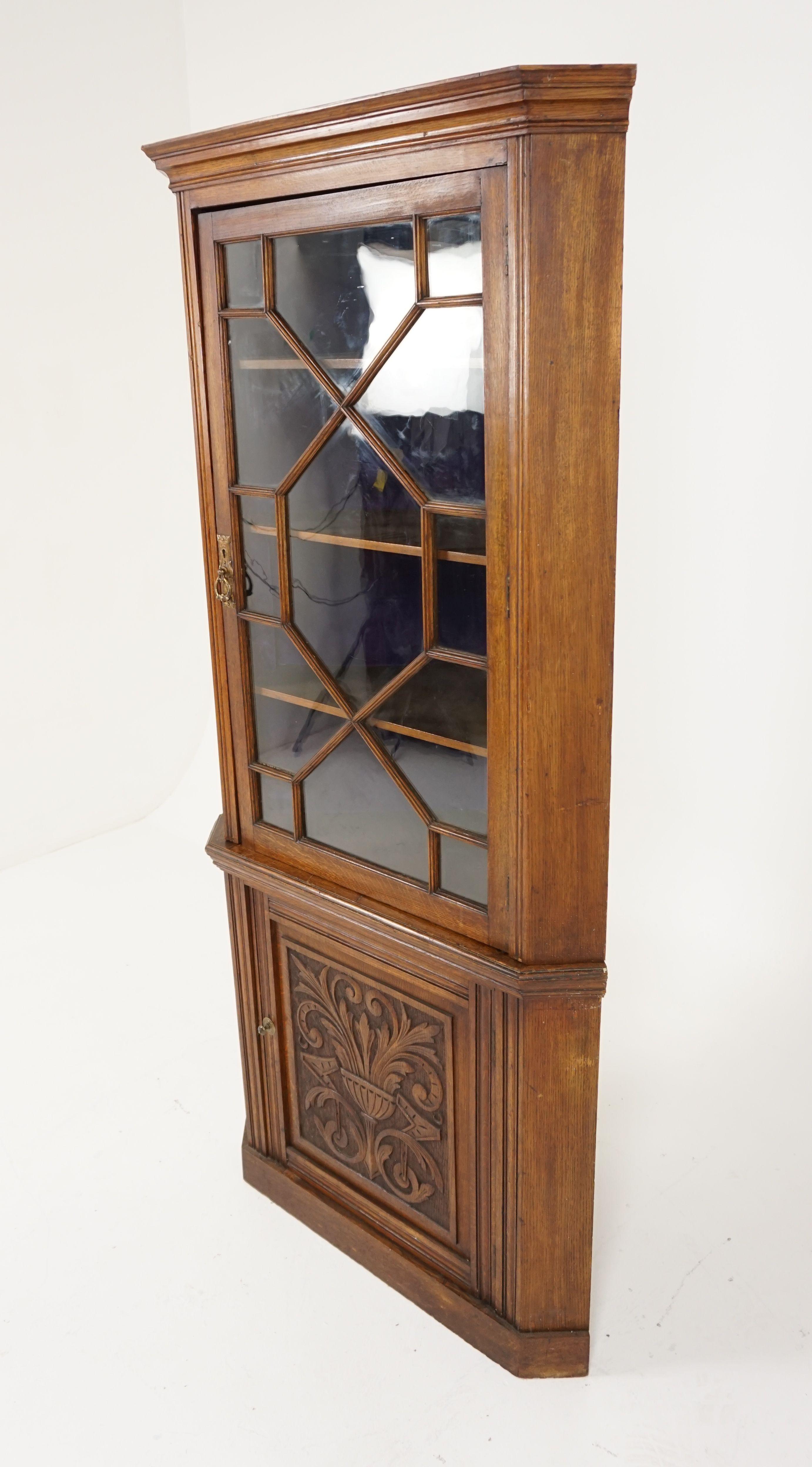 Hand-Crafted Antique Corner Cabinet, Carved Oak, Free Standing Cabinet, Scotland, 1900