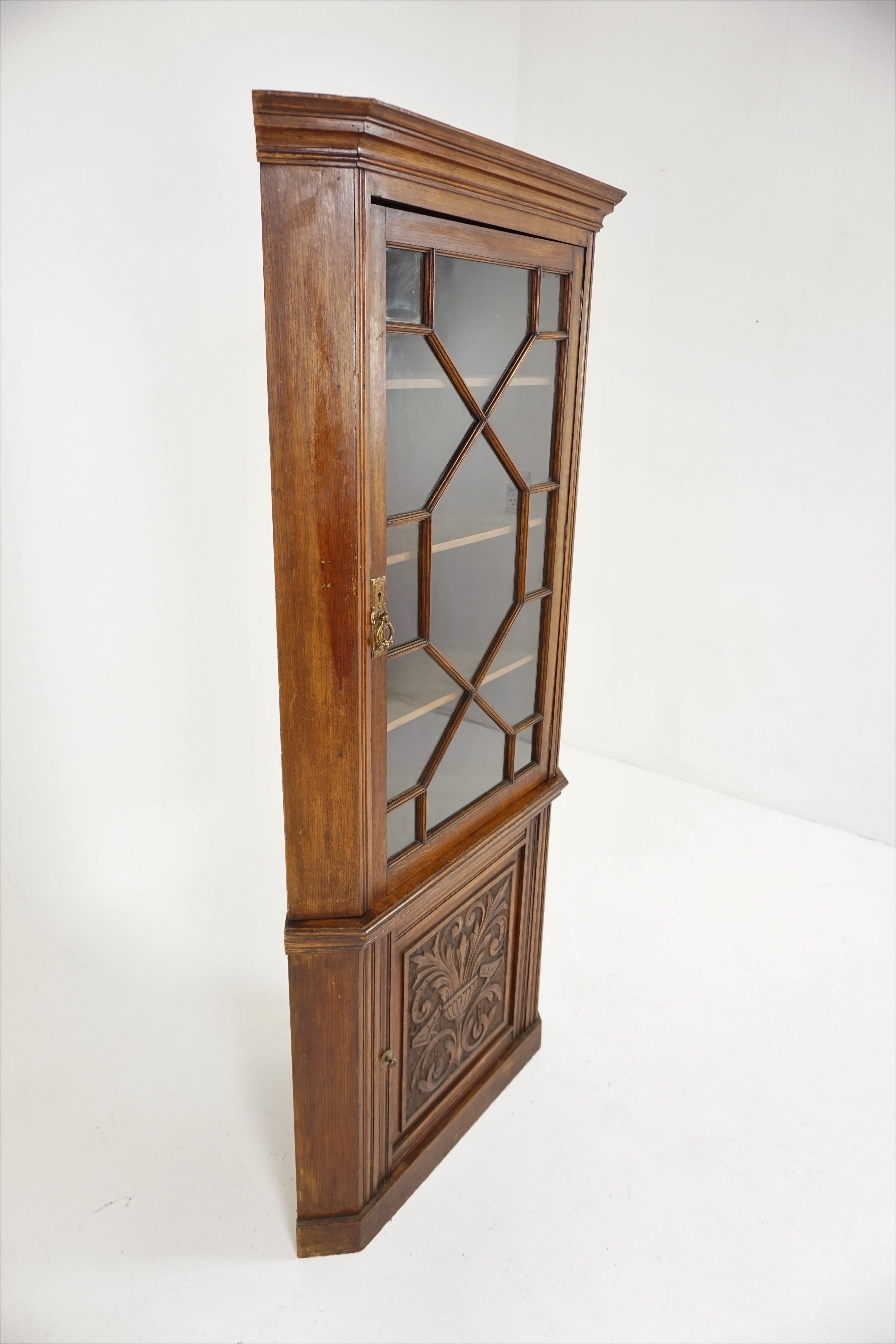 Antique Corner Cabinet, Carved Oak, Free Standing Cabinet, Scotland, 1900 In Good Condition In Vancouver, BC