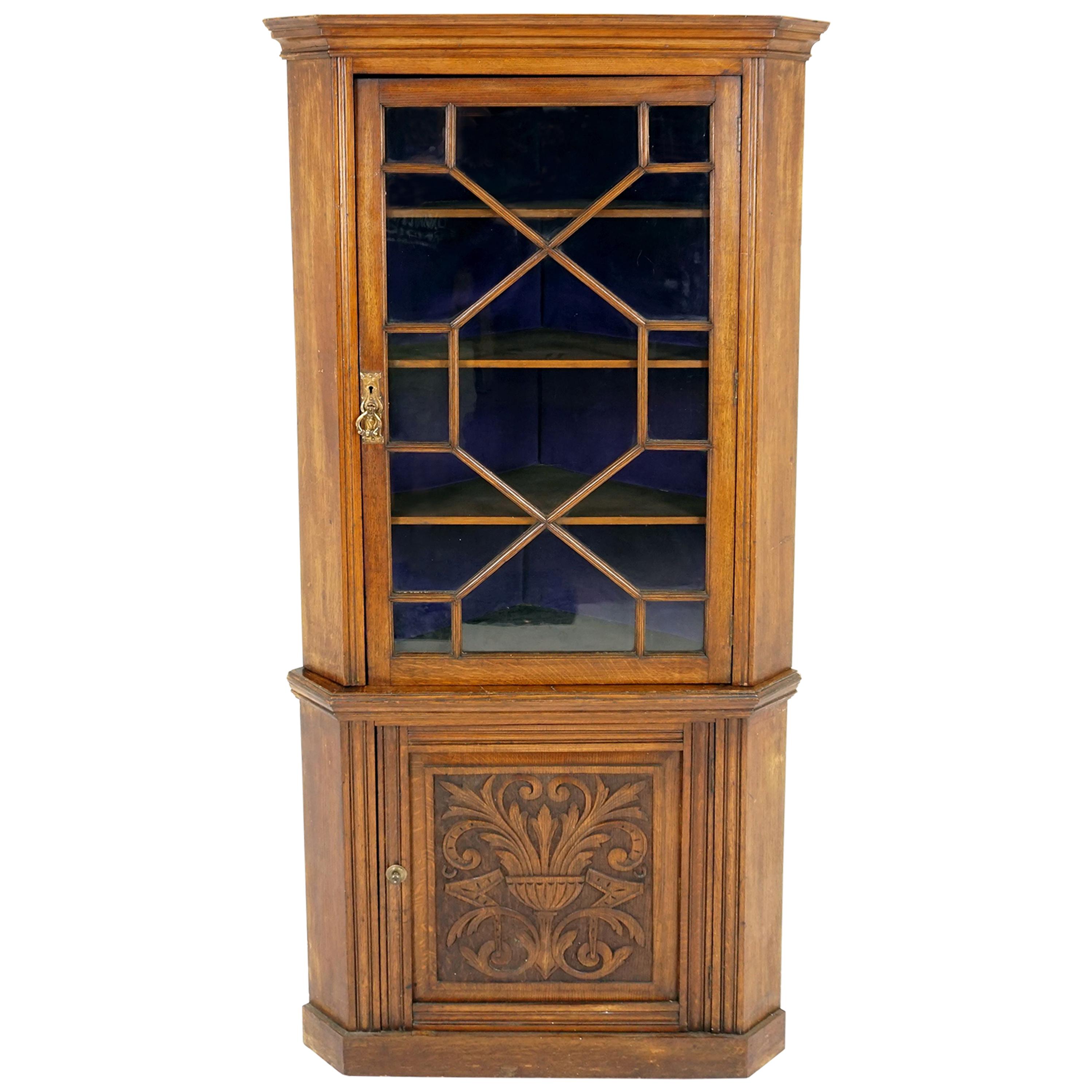 Antique Corner Cabinet, Carved Oak, Free Standing Cabinet, Scotland, 1900