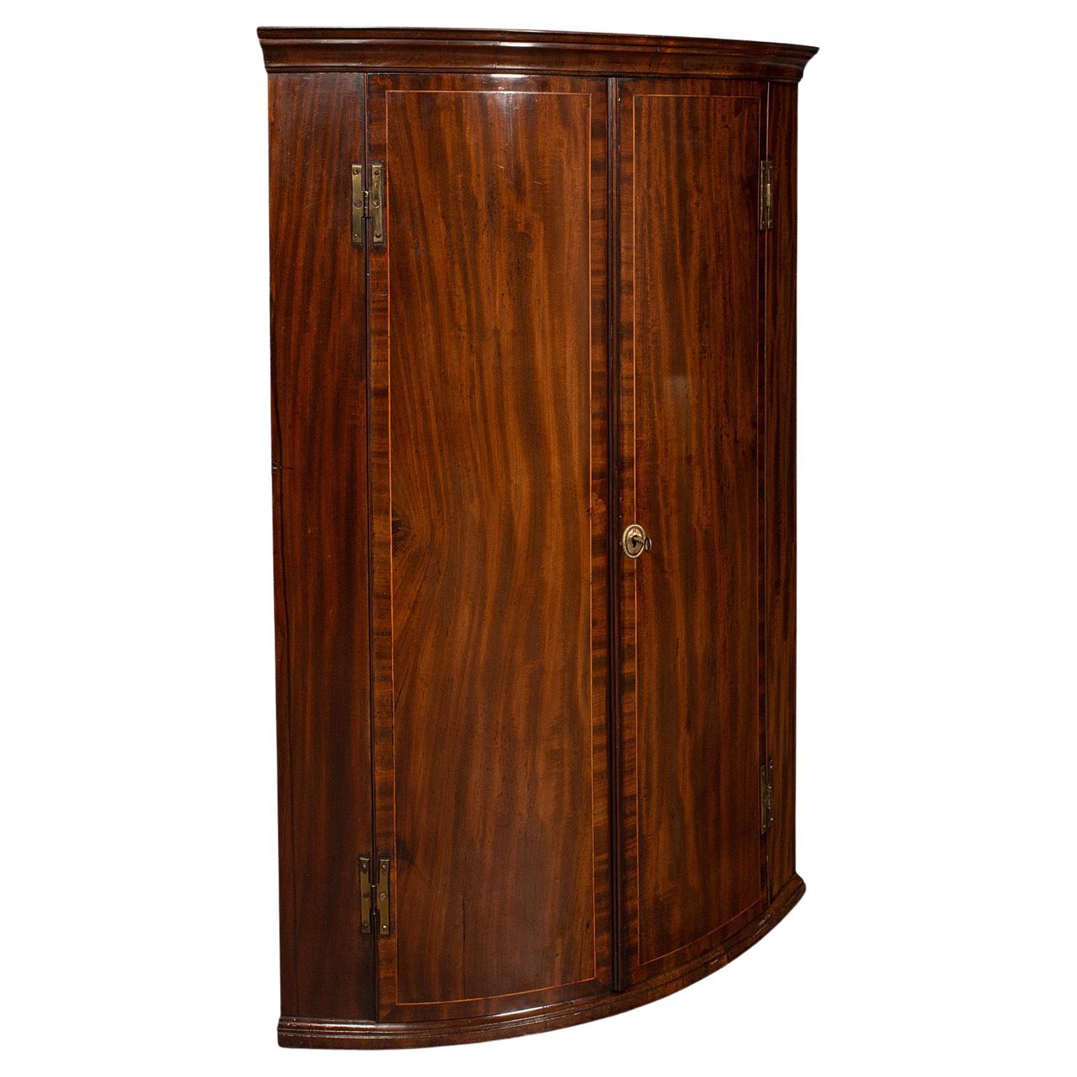 Antique Corner Cabinet, English, Bow Front, Wall Cupboard, Georgian, Circa 1780 For Sale