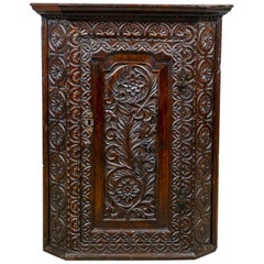 Antique Corner Cabinet, English, Georgian, Carved, Oak, Hanging Cupboard