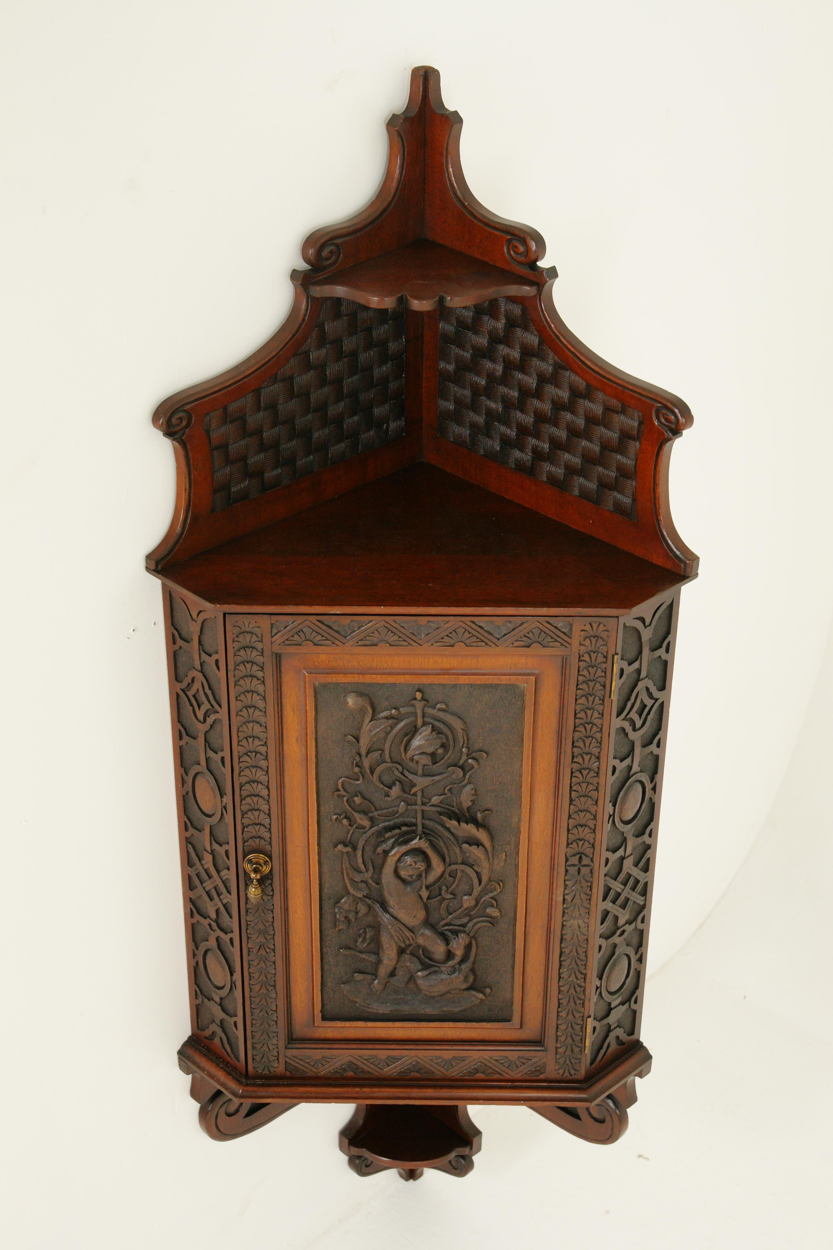 Scottish Antique Corner Cabinet, Entryway Furniture, Carved Cabinet, Scotland, 1880