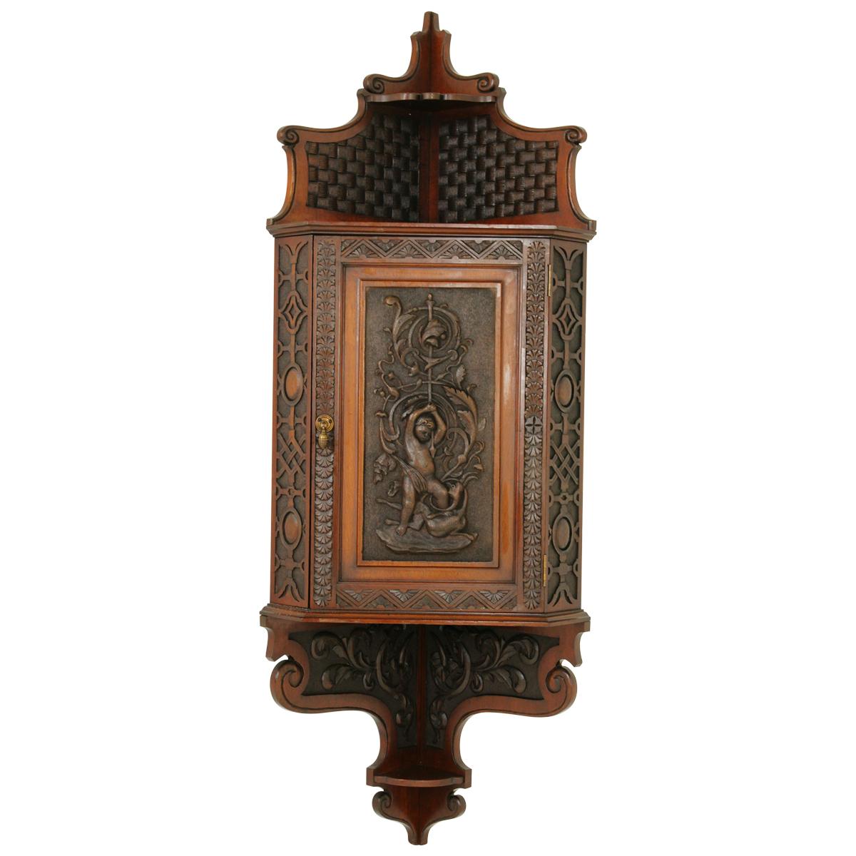 Antique Corner Cabinet, Entryway Furniture, Carved Cabinet, Scotland, 1880
