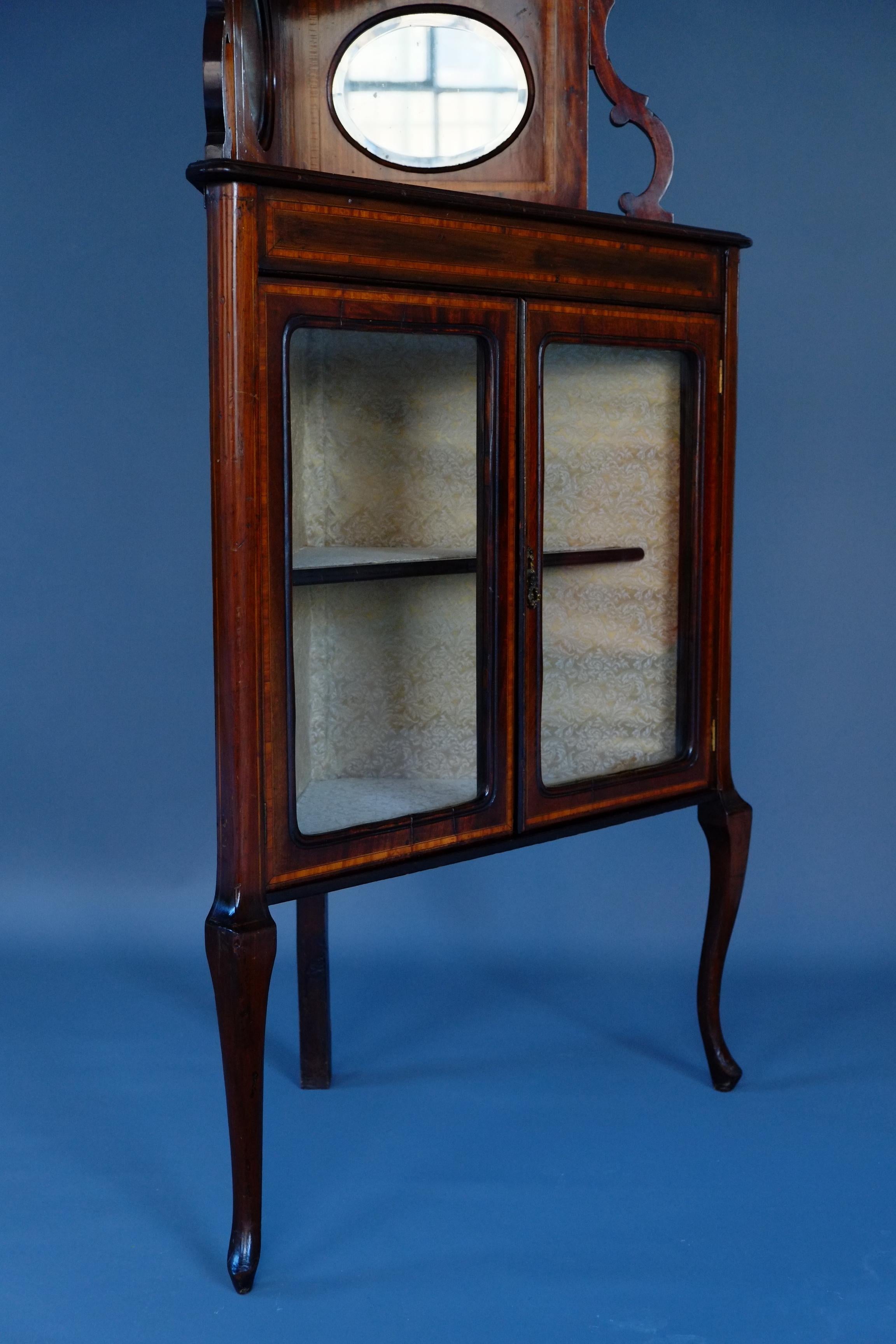 19th Century Tall Antique Corner Cabinet Inlaid Glass Display Victorian English C1880