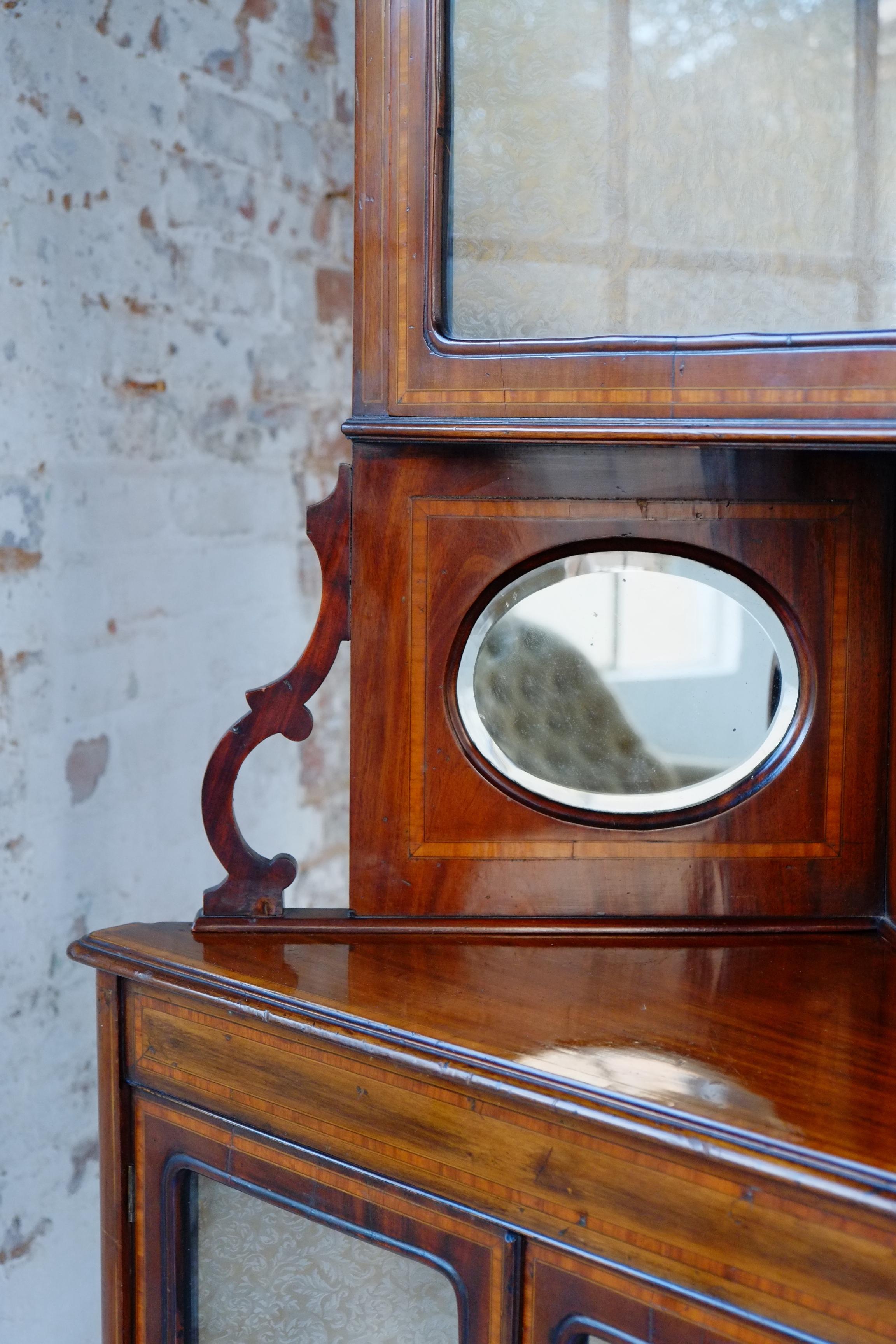 Mahogany Tall Antique Corner Cabinet Inlaid Glass Display Victorian English C1880