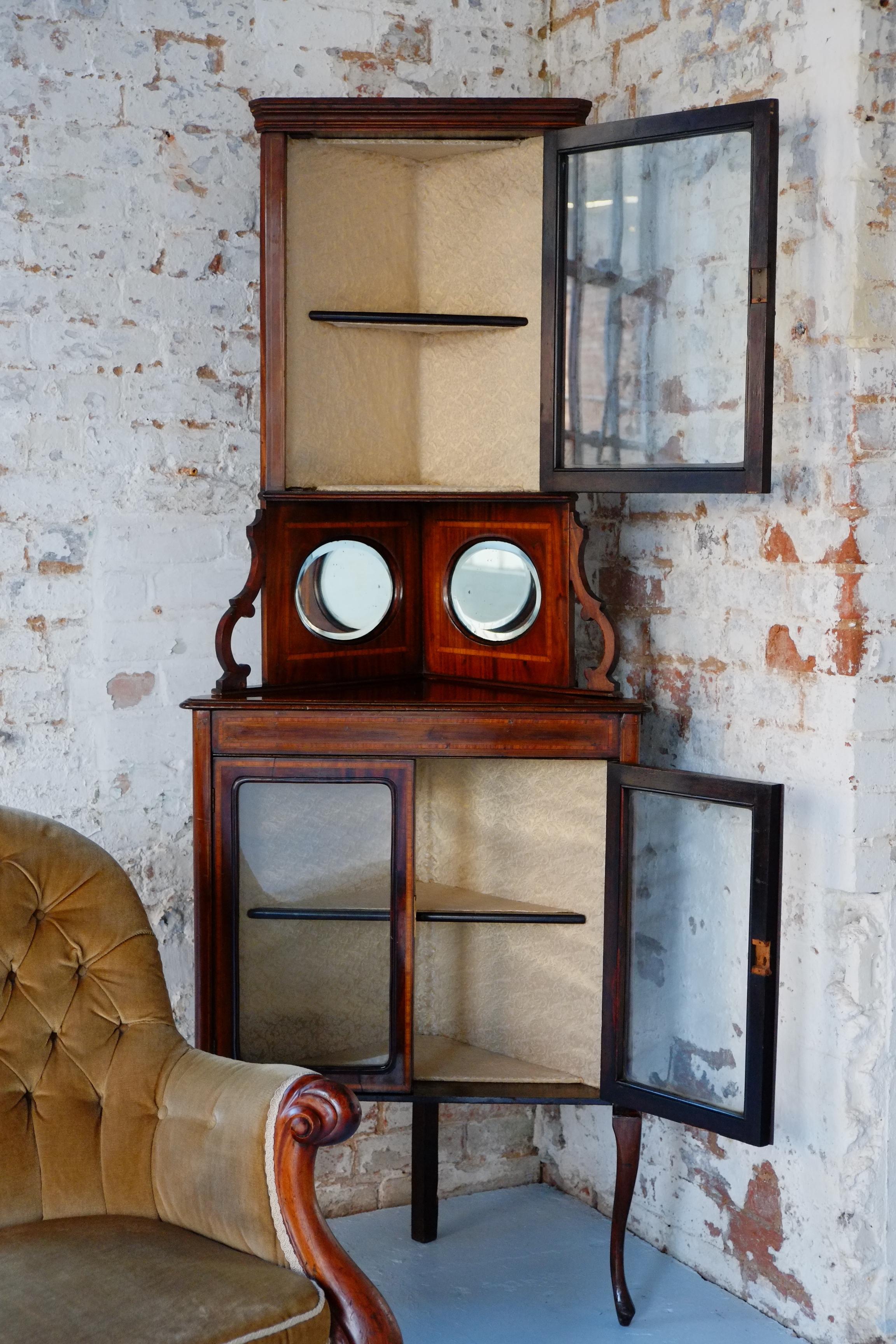 Tall Antique Corner Cabinet Inlaid Glass Display Victorian English C1880 2