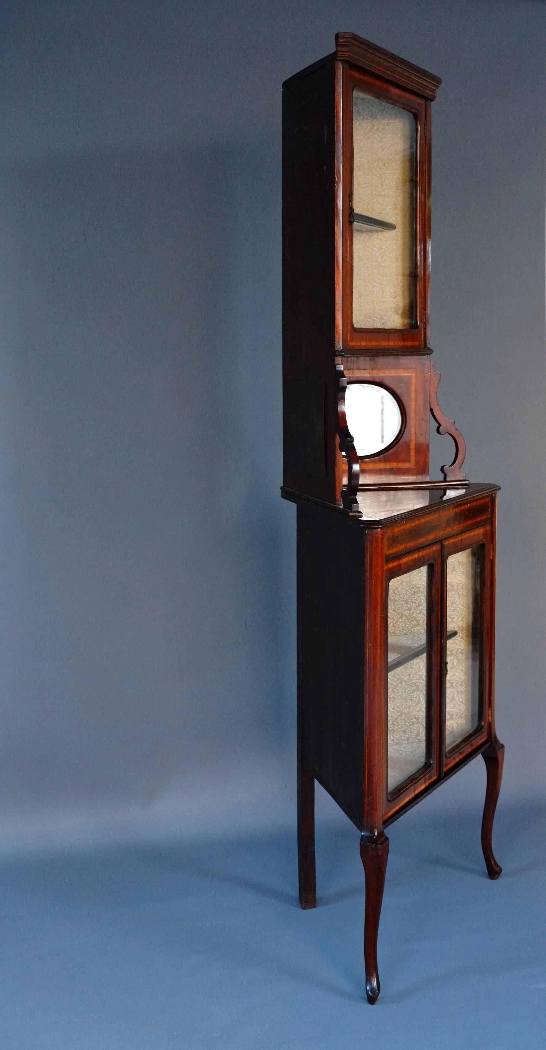 Tall Antique Corner Cabinet Inlaid Glass Display Victorian English C1880 3