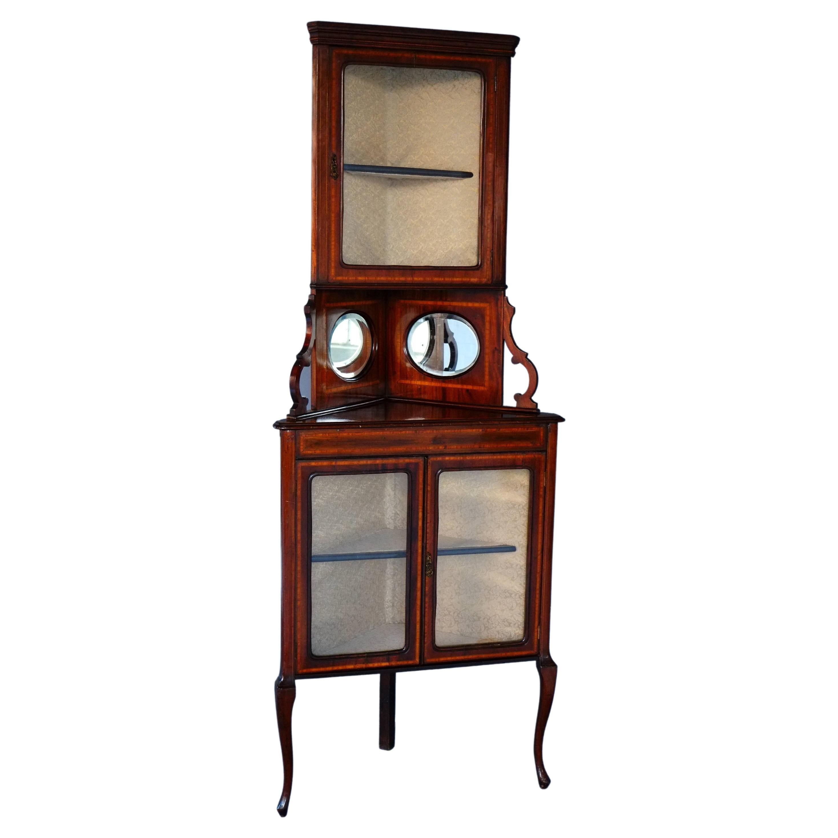 Tall Antique Corner Cabinet Inlaid Glass Display Victorian English C1880