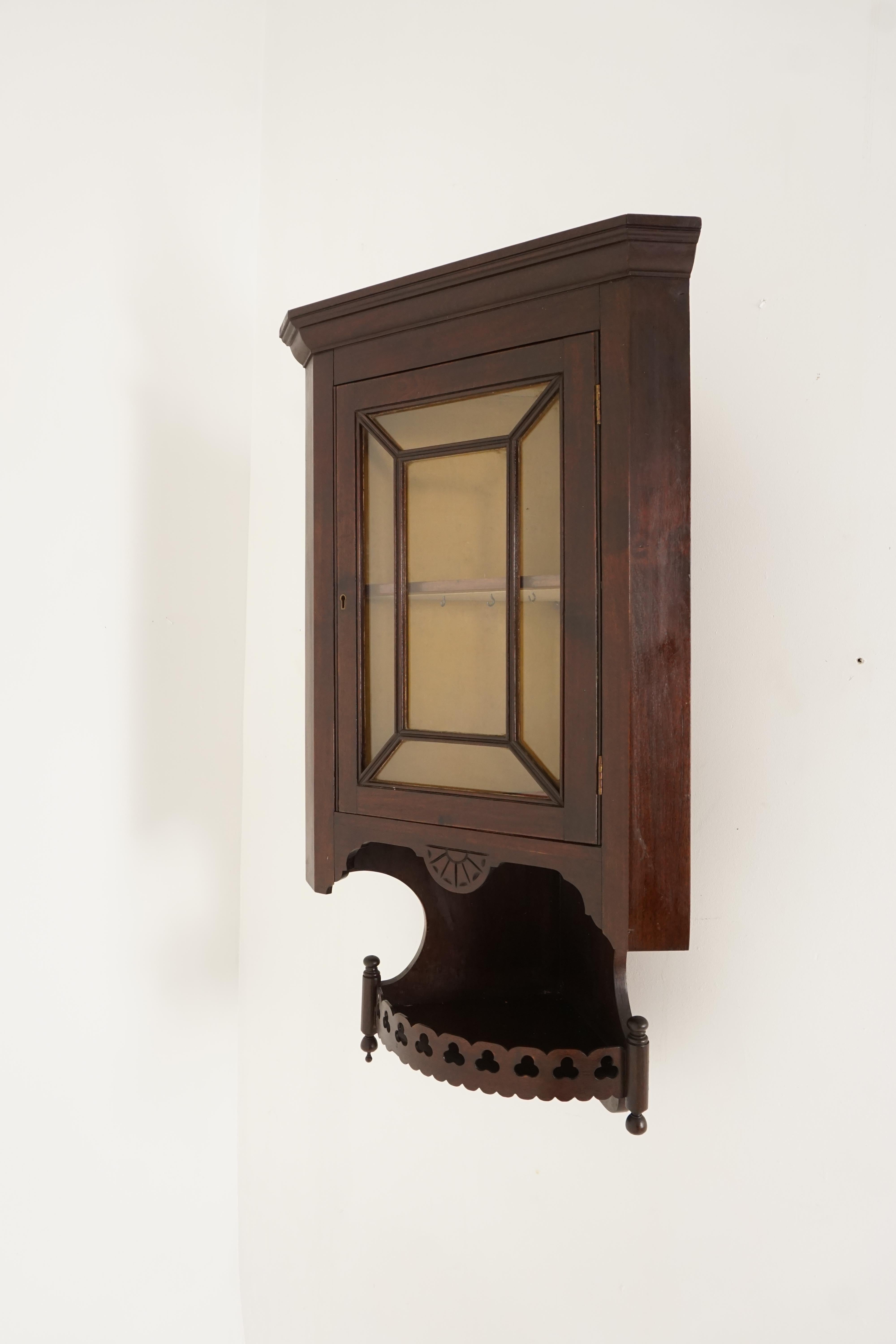Scottish Antique Corner Cabinet, Walnut Display Cabinet, Hanging Glass Front, 1880s