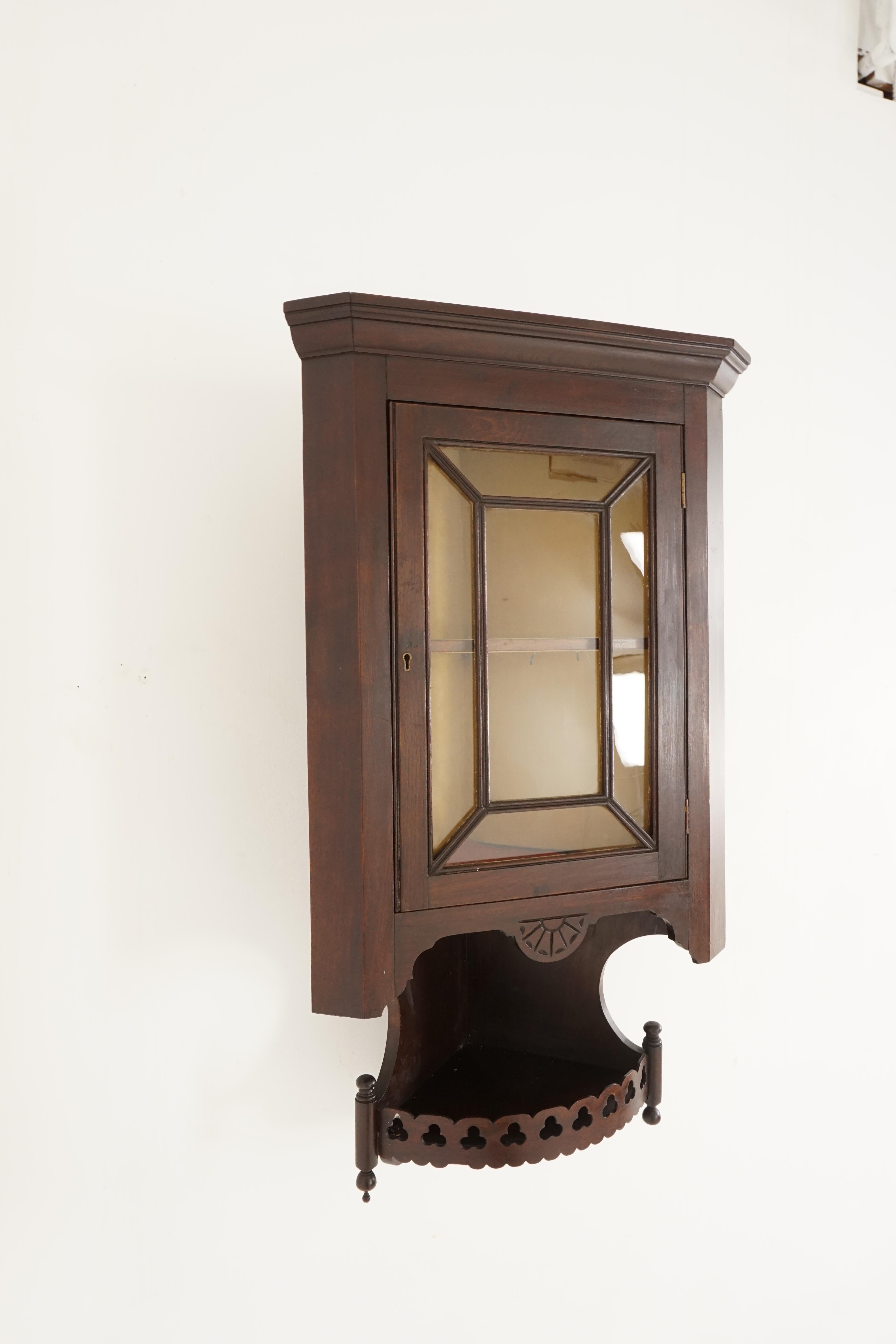 Hand-Crafted Antique Corner Cabinet, Walnut Display Cabinet, Hanging Glass Front, 1880s