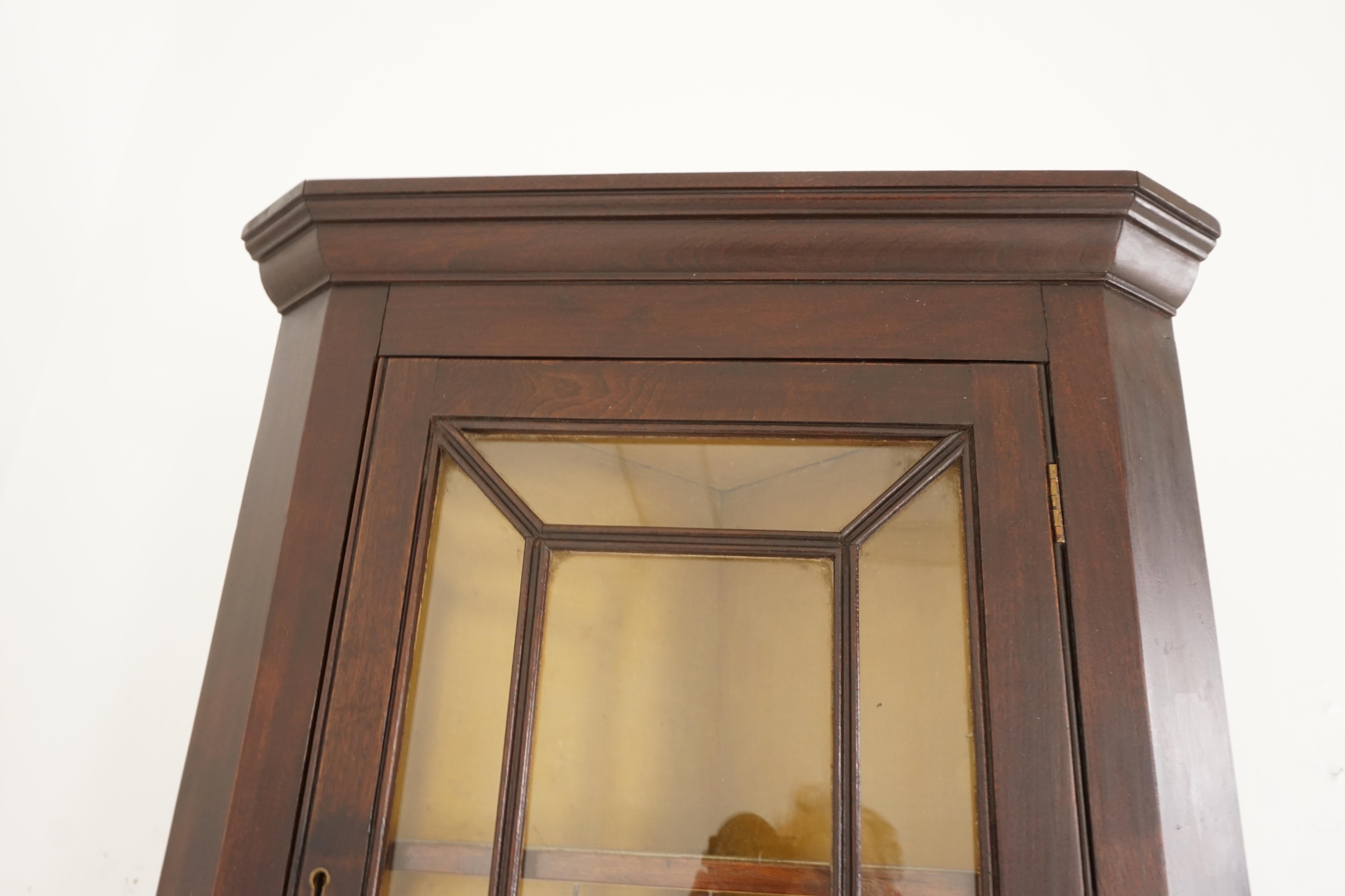 Late 19th Century Antique Corner Cabinet, Walnut Display Cabinet, Hanging Glass Front, 1880s