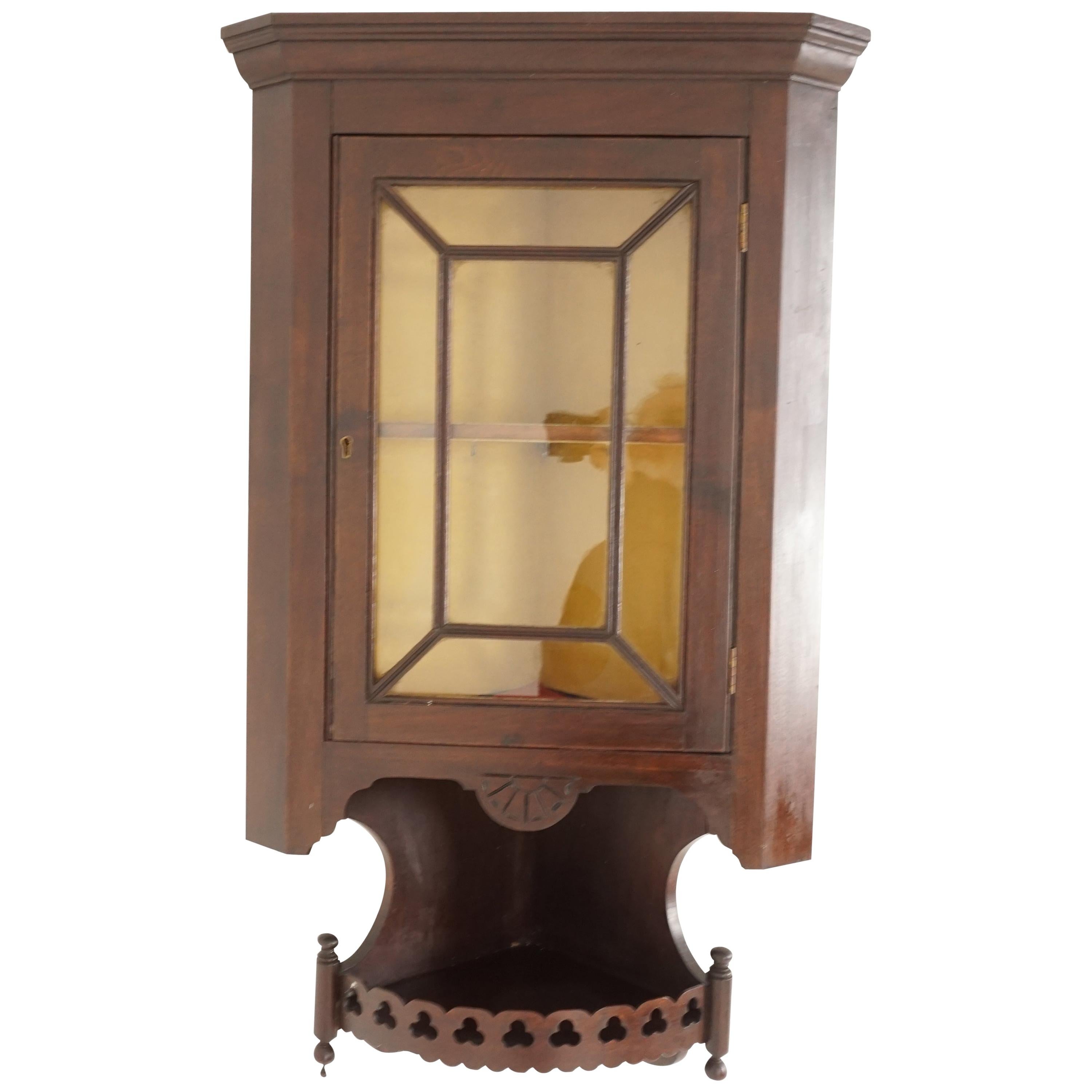 Antique Corner Cabinet, Walnut Display Cabinet, Hanging Glass Front, 1880s
