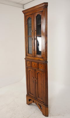 Antique Corner Cabinet, Tall Oak Display Cabinet, Scotland 1880, B2689