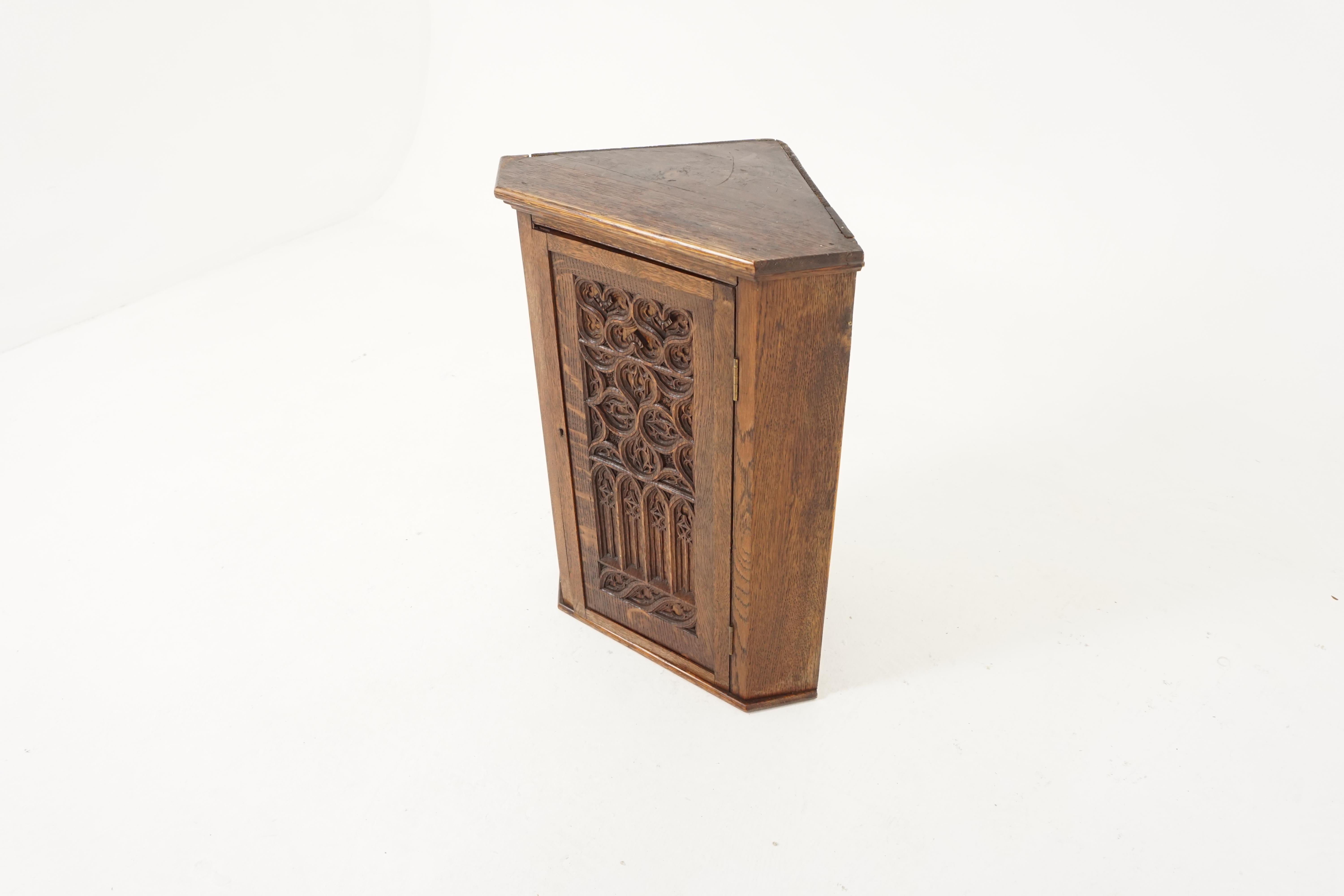 Scottish Antique Corner Cabinet, Victorian Gothic Carved Tiger Oak, Scotland 1890, B2014