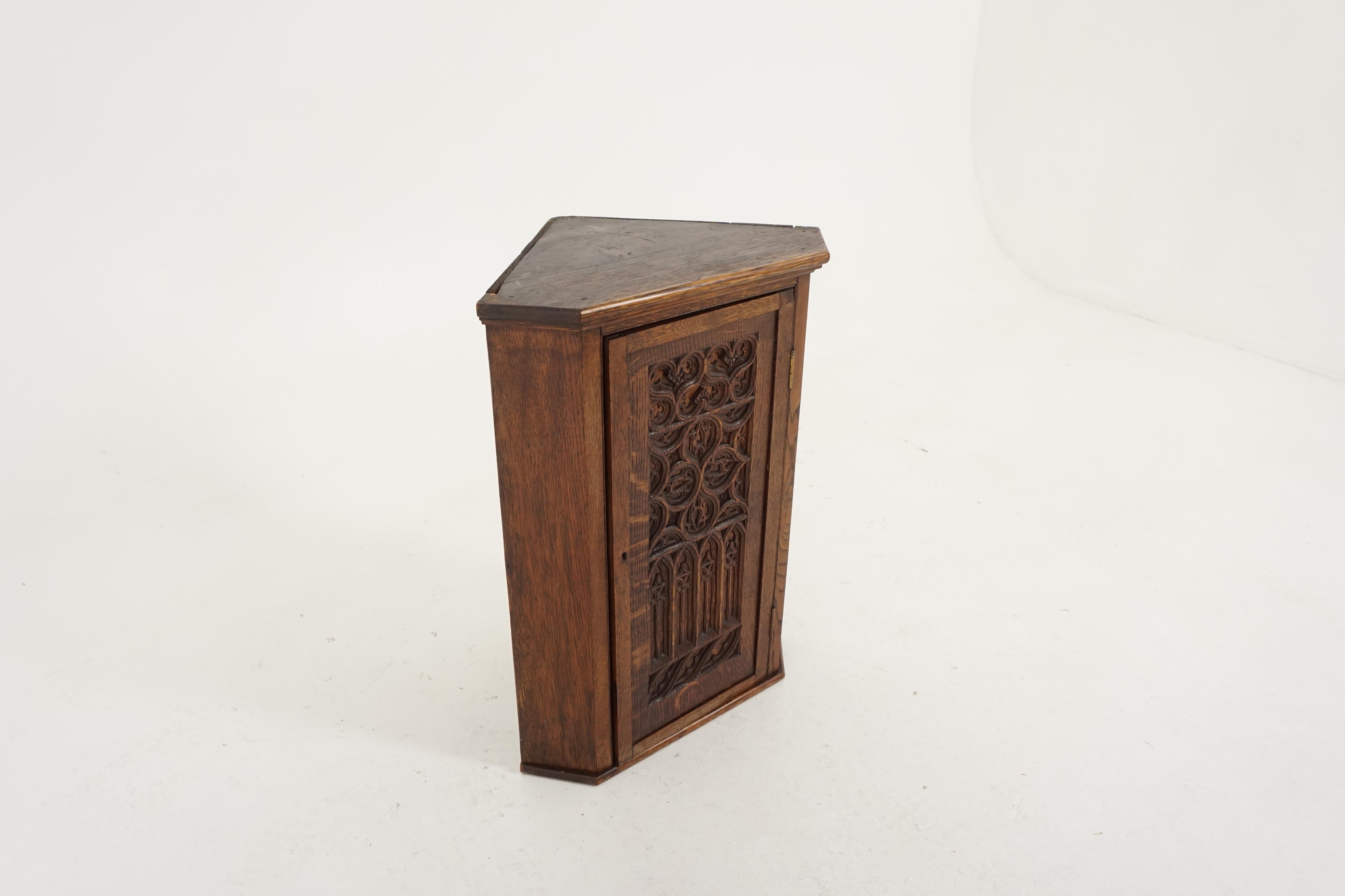 Hand-Crafted Antique Corner Cabinet, Victorian Gothic Carved Tiger Oak, Scotland 1890, B2014