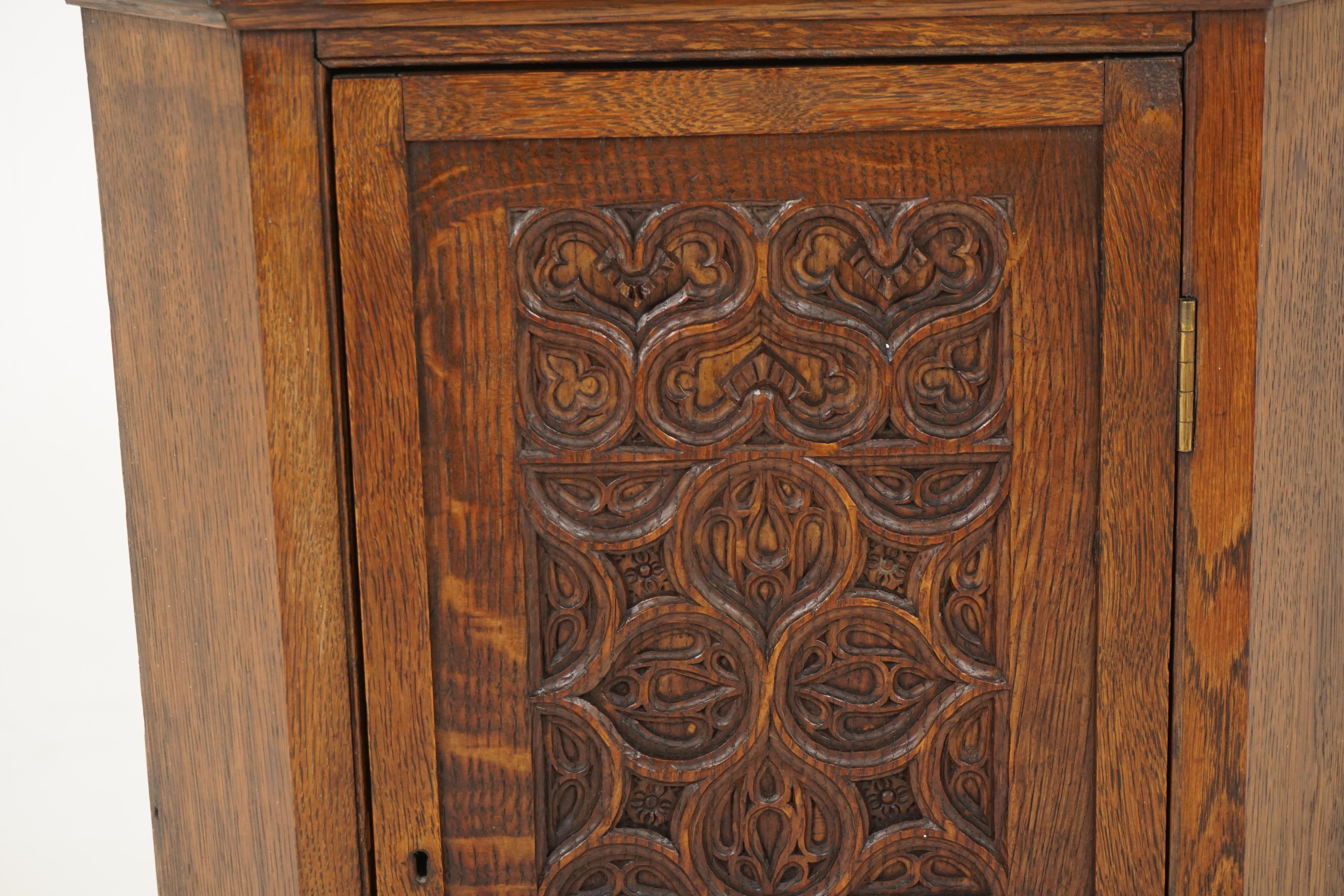Antique Corner Cabinet, Victorian Gothic Carved Tiger Oak, Scotland 1890, B2014 2