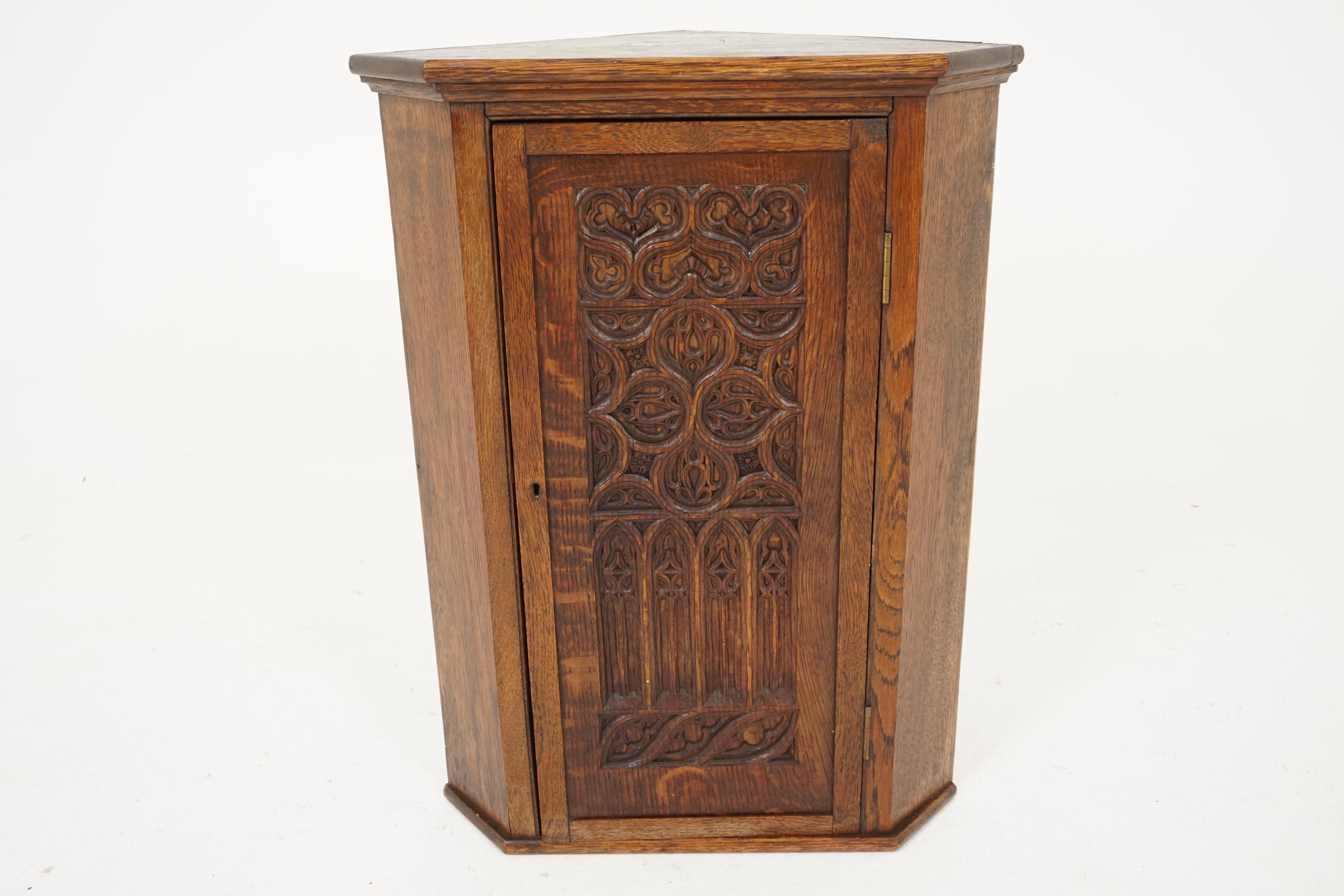 Antique Corner Cabinet, Victorian Gothic Carved Tiger Oak, Scotland 1890, B2014 3